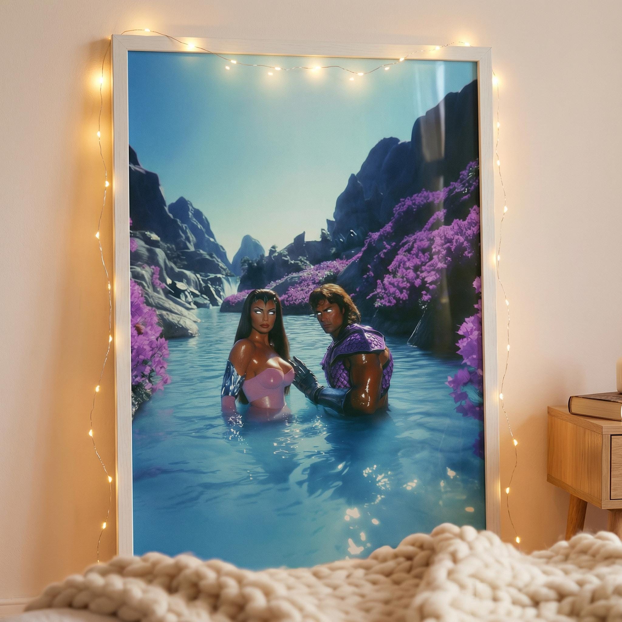 Retro-Futurist Hot Spring Couple Framed Print – Savage Land Alien Oasis