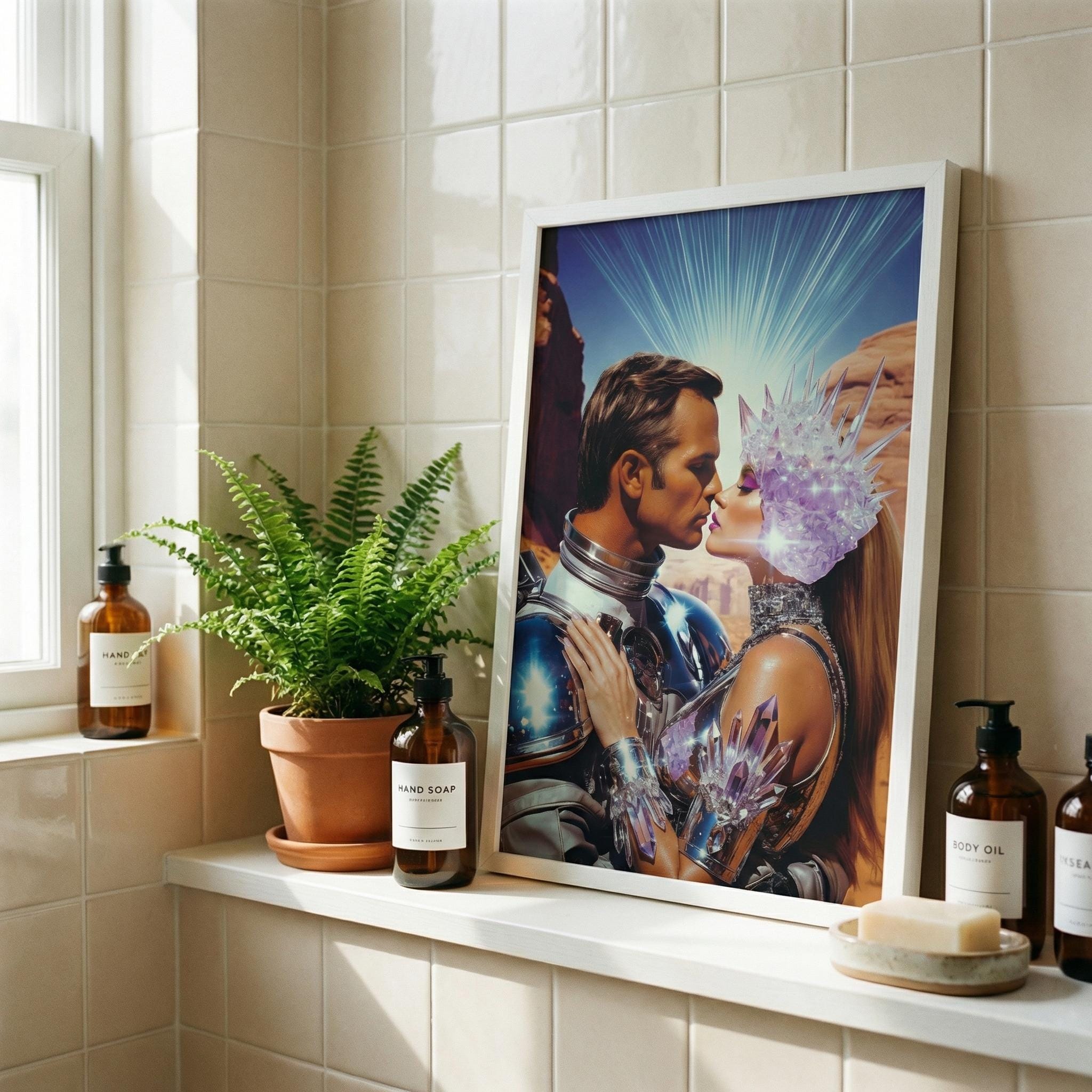 Let Our Love Crystallize in Amethyst Valley – The Orbital Lovers Retro-Futurist Framed Print | Valentine’s Gift