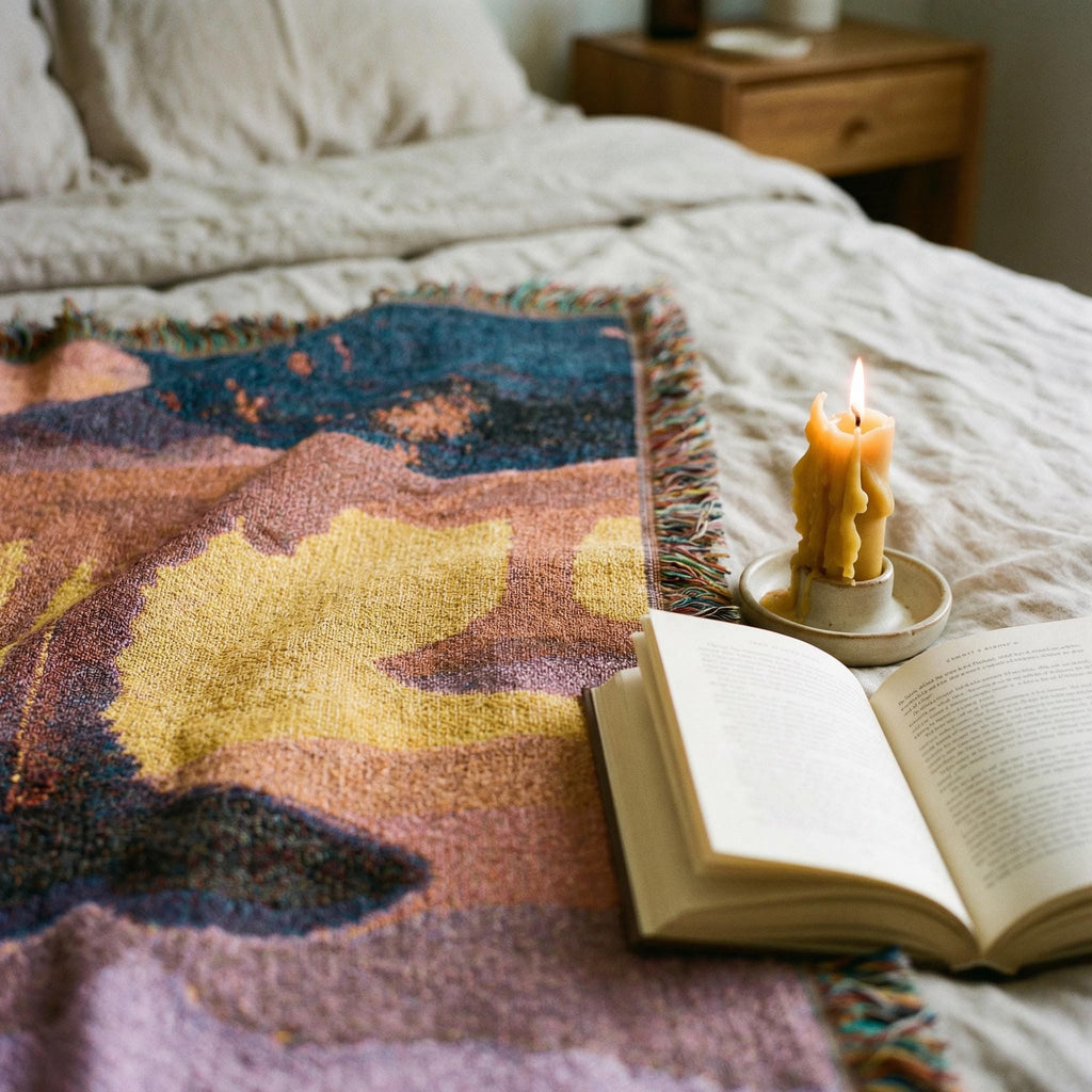 Expedition to the Neon Shores Woven Blanket — Retro-Futuristic Pulp Sci-Fi