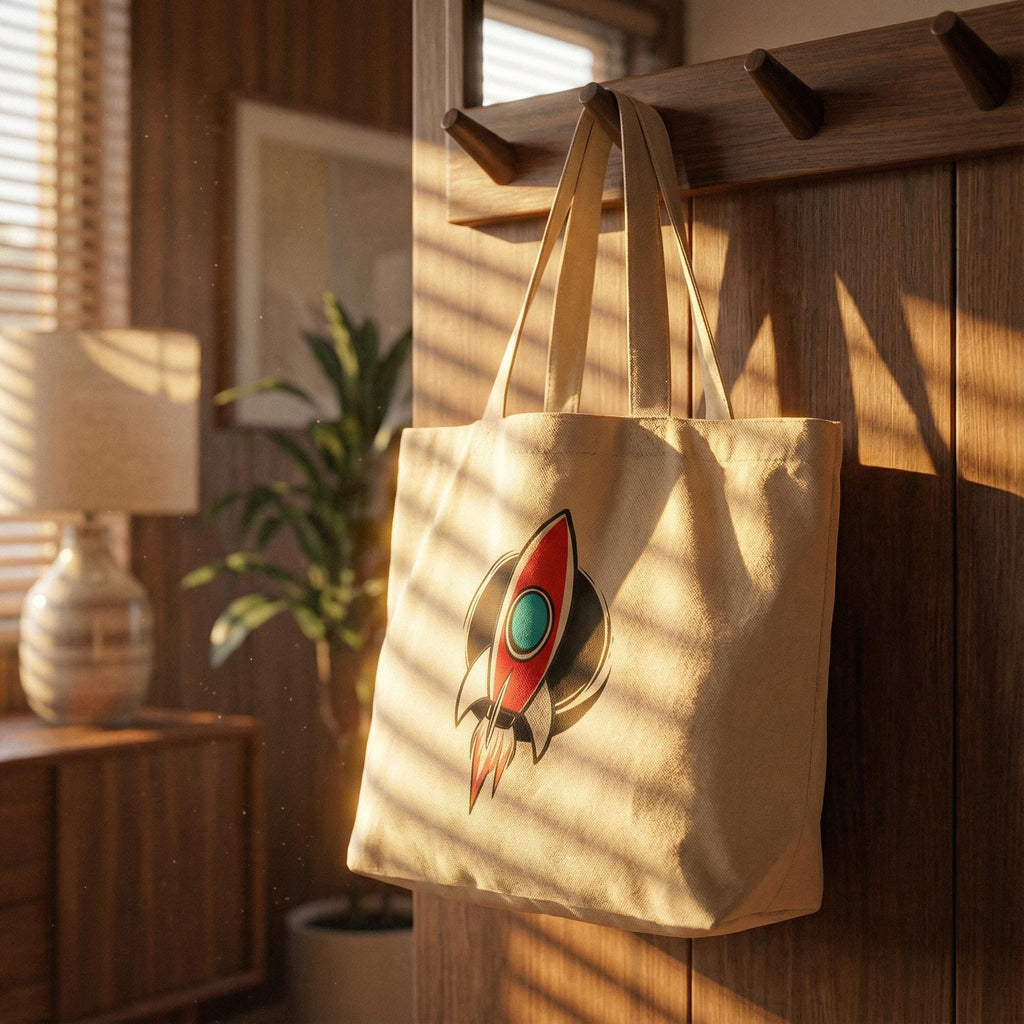 Organic Cotton Sci-Fi Eco Tote Bag, Retro Rocket Space Age Shoulder Bag, Eco-Friendly "Orbital Archive" Graphic Tote