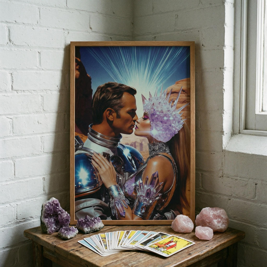 Let Our Love Crystallize in Amethyst Valley – The Orbital Lovers Retro-Futurist Framed Print | Valentine’s Gift