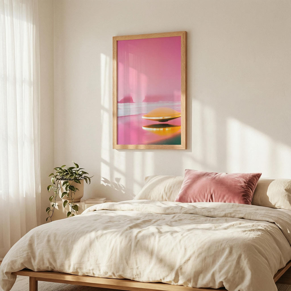 DIGITAL DOWNLOAD: Pink Horizon UFO - Retro 60s Sci-Fi Poster - Surreal Alien Beach Art