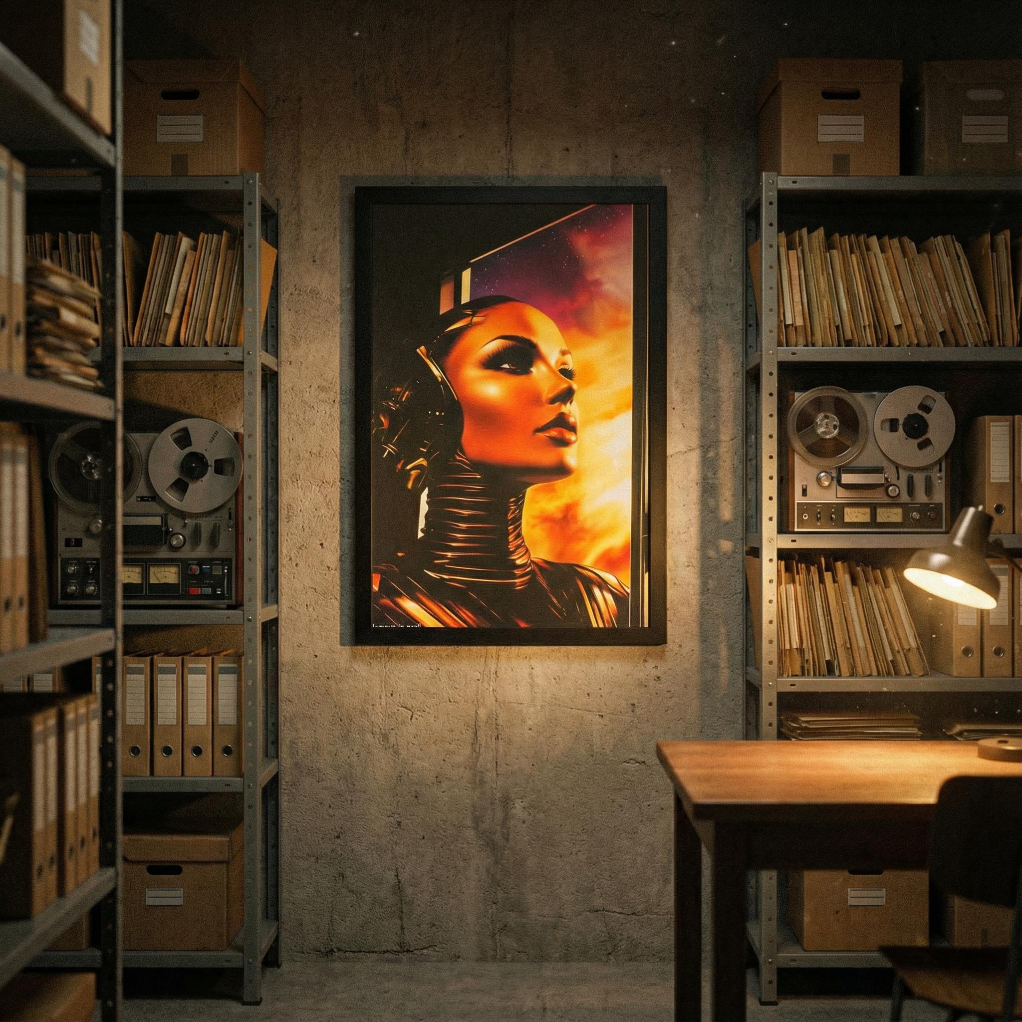 Glamour in Peril Girl – No. 04 Retro-Futurist Framed Art Print, Vintage 1960s Sci-Fi Android Poster, Mid-Century Space Age Decor