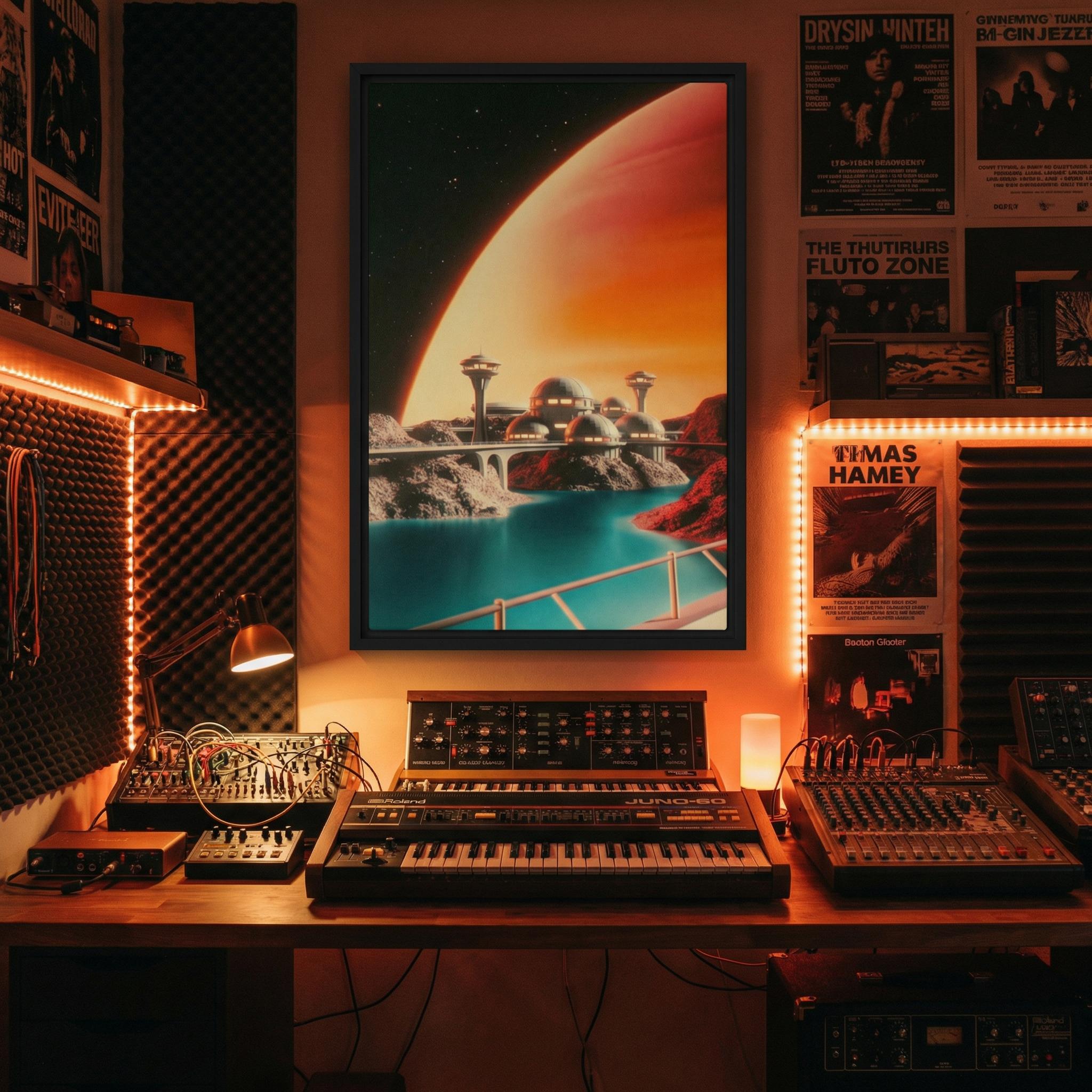 DIGITAL DOWNLOAD: Googie City on the Moon of a Gas Giant - Retro-Futurist Framed Canvas Print | Vintage Sci-Fi Art