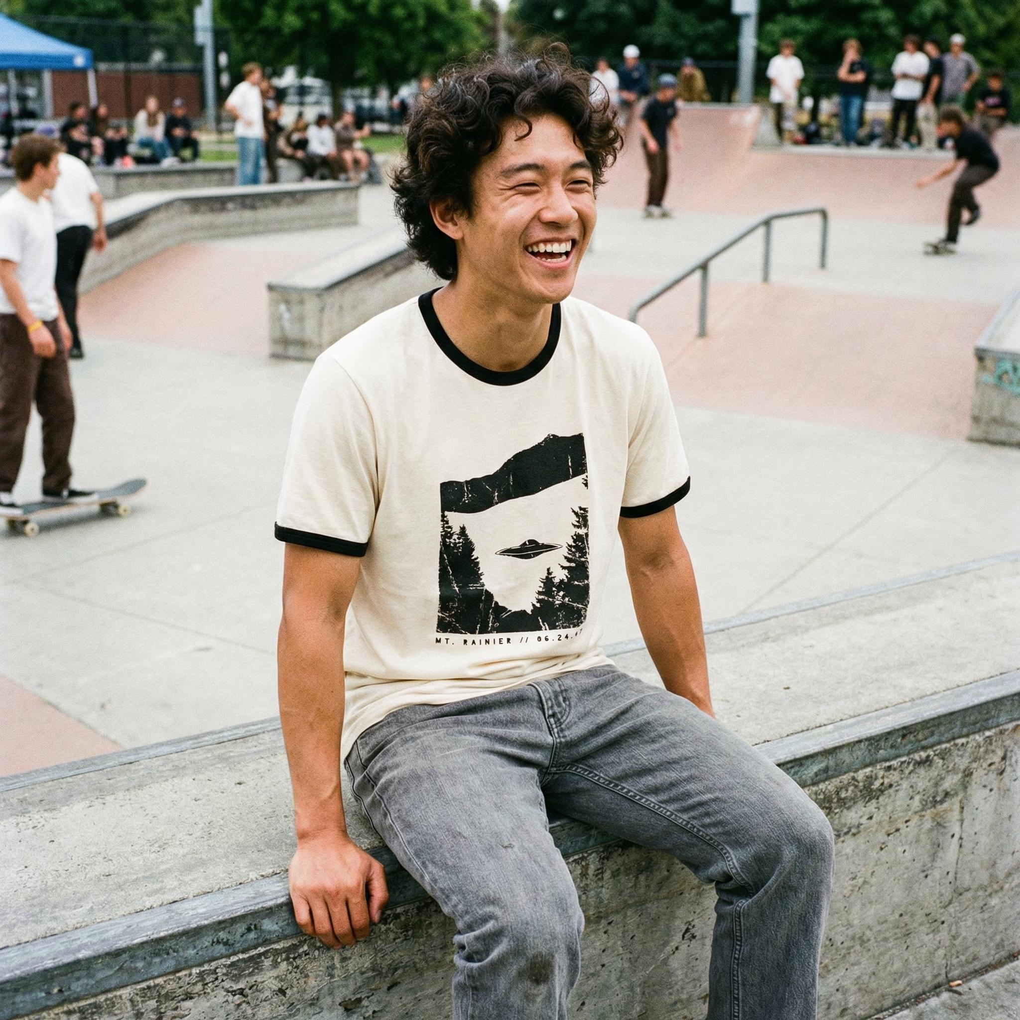 Mt Rainier 1947 UFO Incident Ringer Tee // Kenneth Arnold Flying Saucer Lore Shirt // Vintage Retro PNW Mystery Apparel