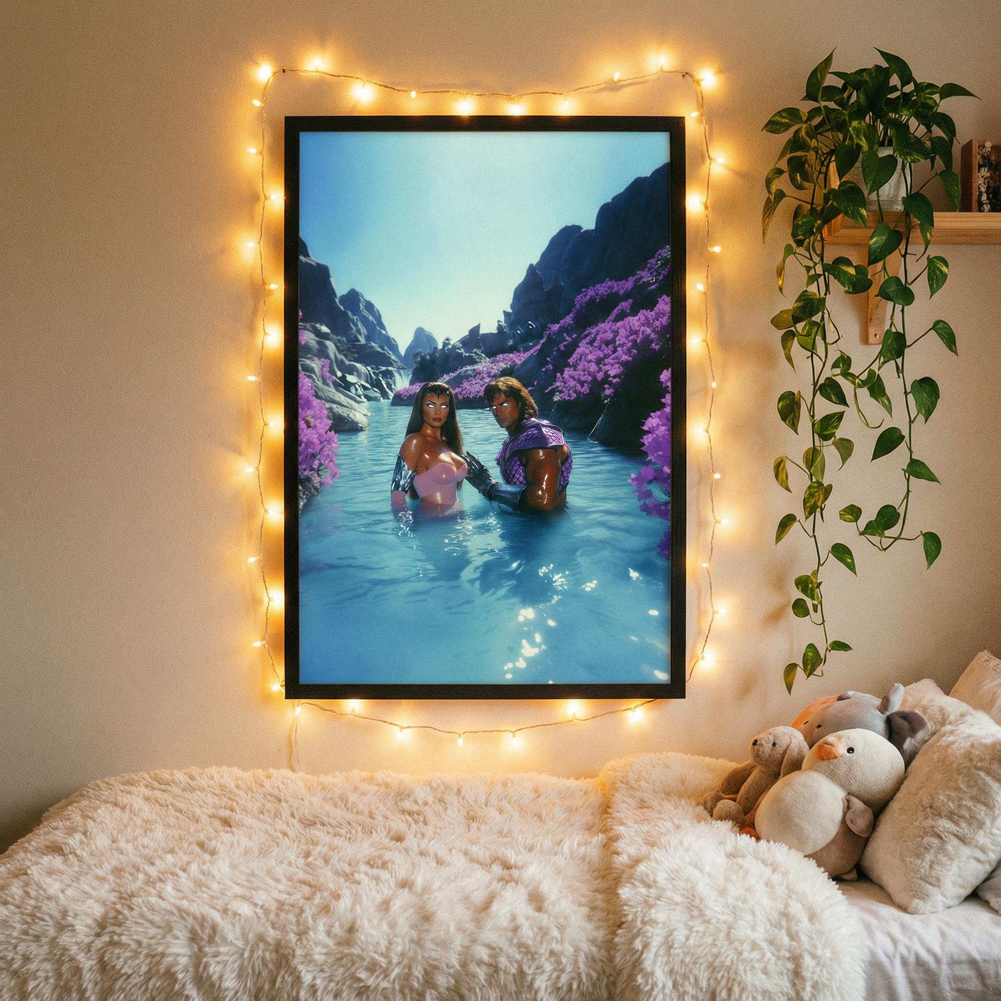 Retro-Futurist Hot Spring Couple Framed Print – Savage Land Alien Oasis