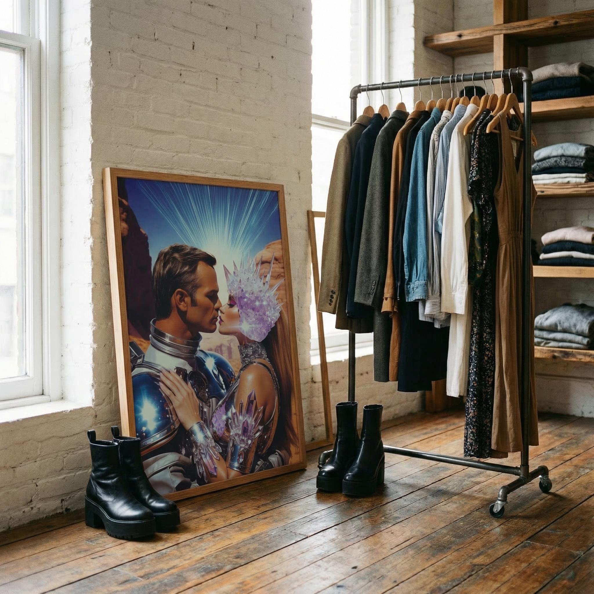 Let Our Love Crystallize in Amethyst Valley – The Orbital Lovers Retro-Futurist Framed Print | Valentine’s Gift