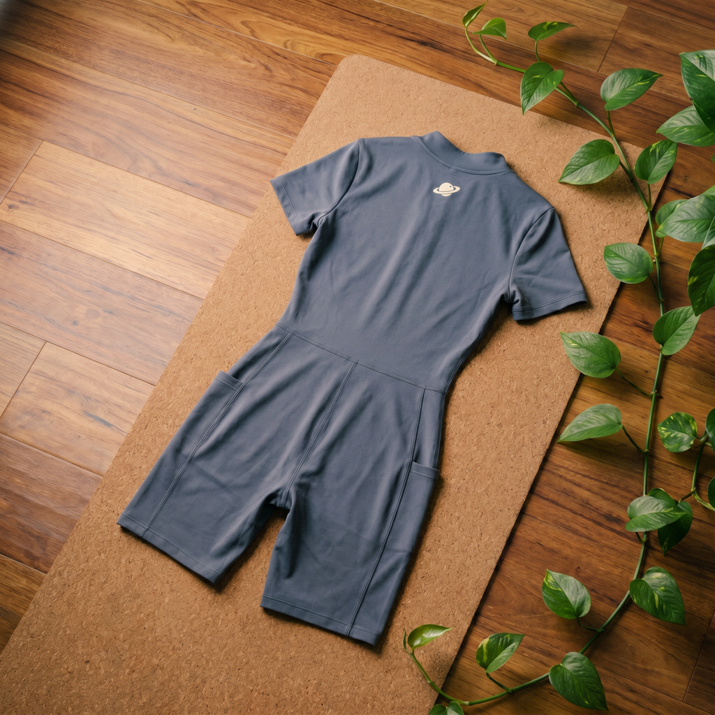 Orbital Archive Quarter Zip Romper - Biker Short Unitard, Short Sleeve Activewear Jumpsuit, Spandex Bodysuit with Pockets, Workout Bodycon