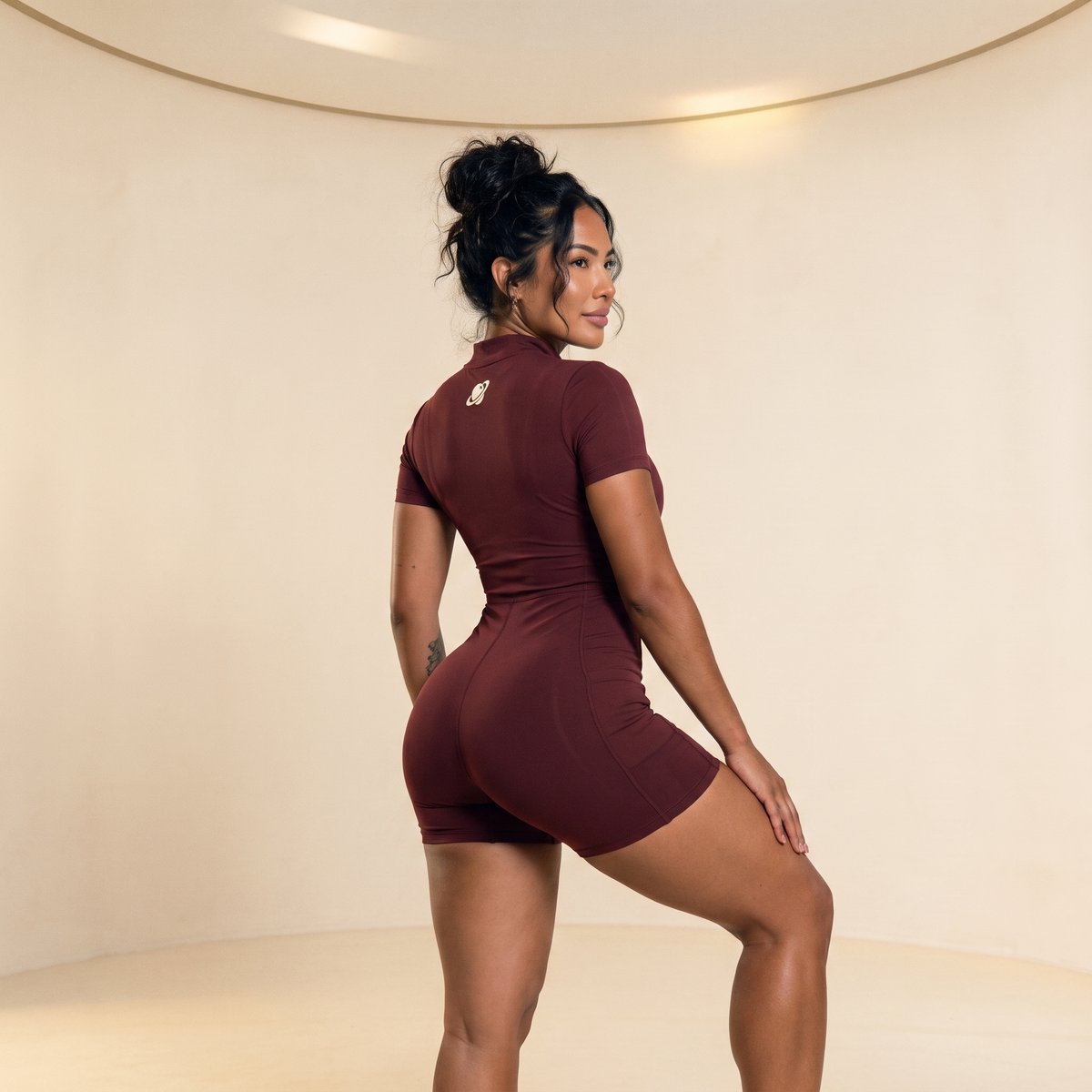 Orbital Archive Quarter Zip Romper - Biker Short Unitard, Short Sleeve Activewear Jumpsuit, Spandex Bodysuit with Pockets, Workout Bodycon
