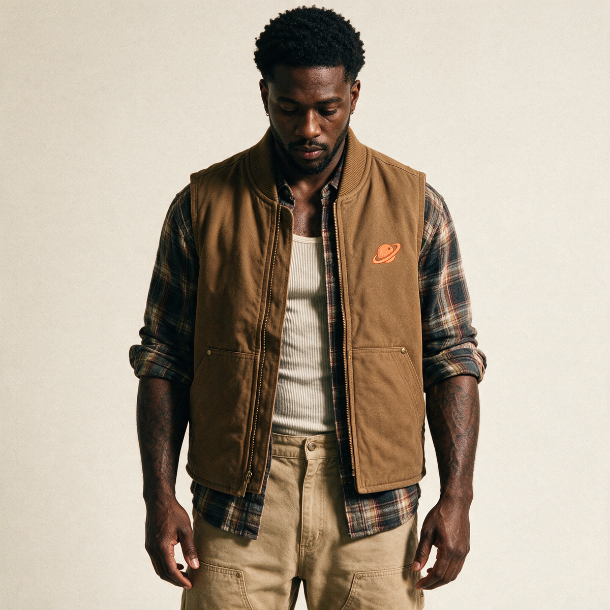 Orange Orbital Archive Planet Logo Embroidered Utility Vest | Workwear Duck Cloth Vest