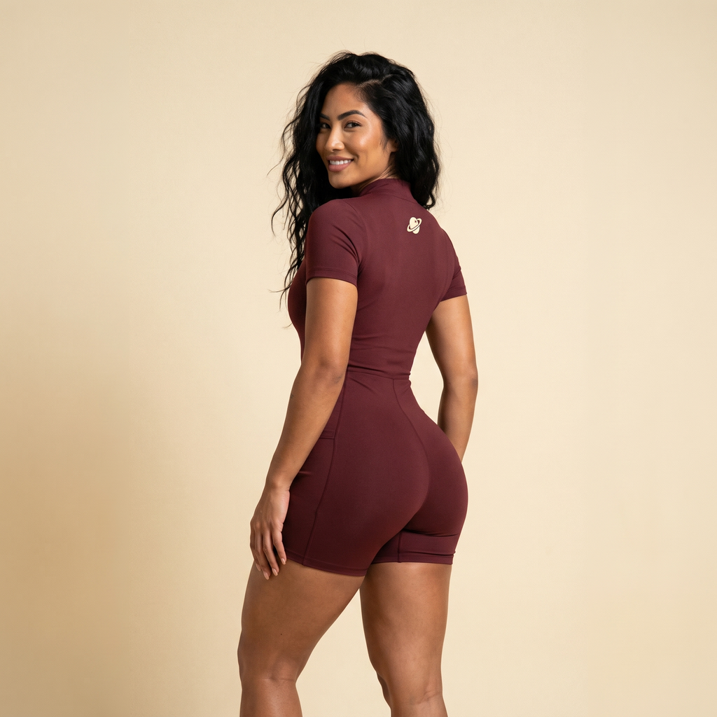 Orbital Archive Quarter Zip Romper - Biker Short Unitard, Short Sleeve Activewear Jumpsuit, Spandex Bodysuit with Pockets, Workout Bodycon