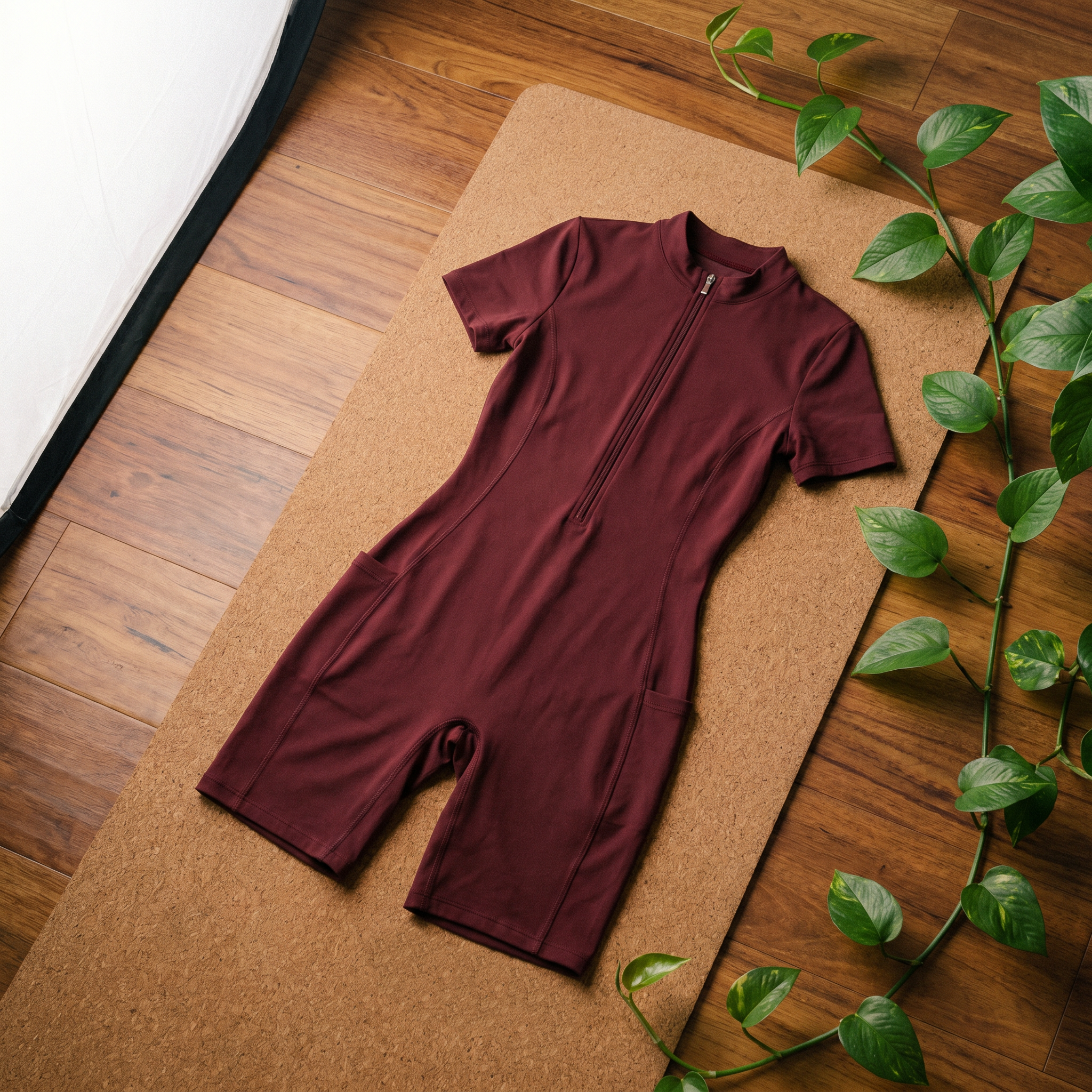 Orbital Archive Quarter Zip Romper - Biker Short Unitard, Short Sleeve Activewear Jumpsuit, Spandex Bodysuit with Pockets, Workout Bodycon