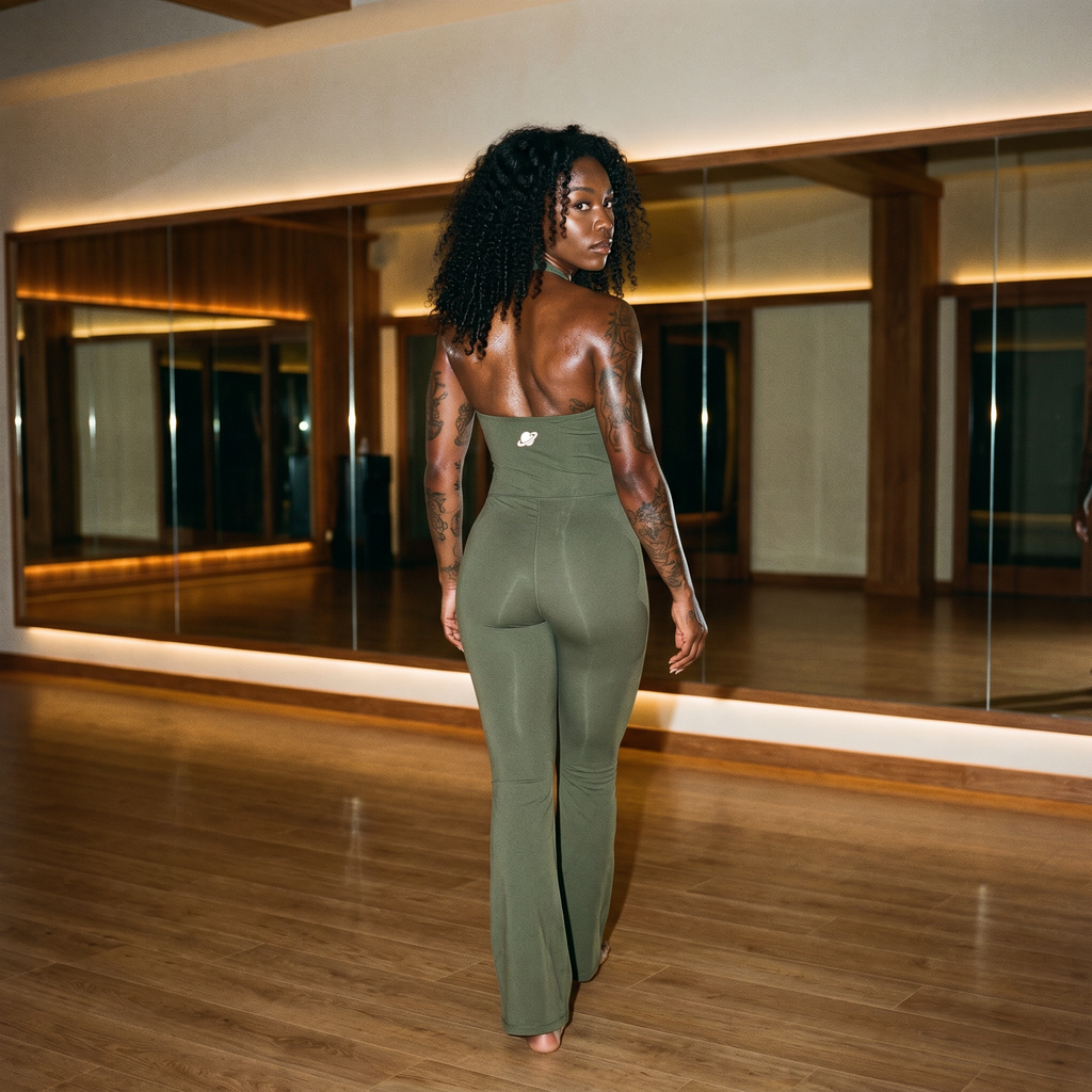 Orbital Archive Halter Flared Jumpsuit - Wide Leg Yoga Jumpsuit, Backless Athleisure One Piece, Flare Leg Bodysuit, Women's Workout Romper