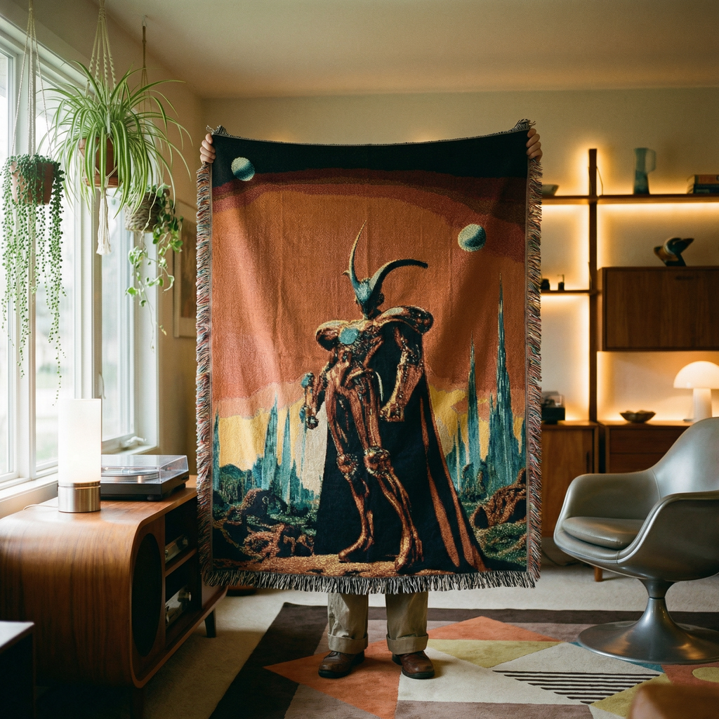 Sci-Fi Space Knight Woven Blanket | Retro Alien Landscape Throw