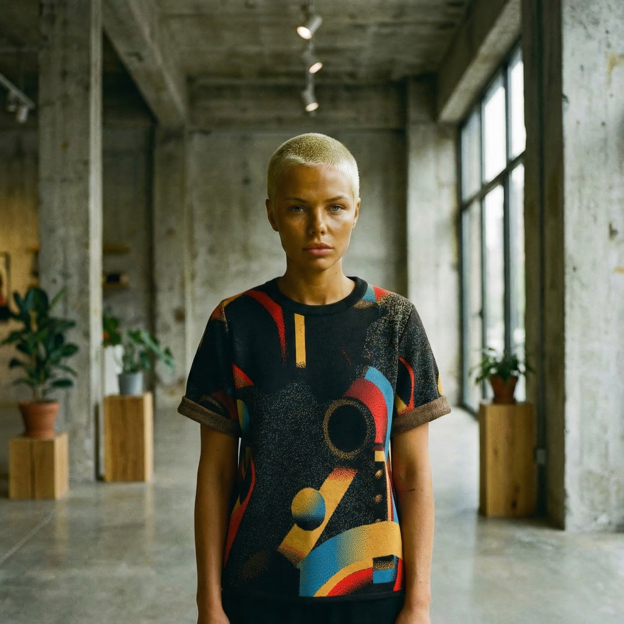Minoan Abstract Retro-Futurist Jacquard T-Shirt — Ancient Future Geometric Knit Tee - Indie Aesthetic Woven Streetwear
