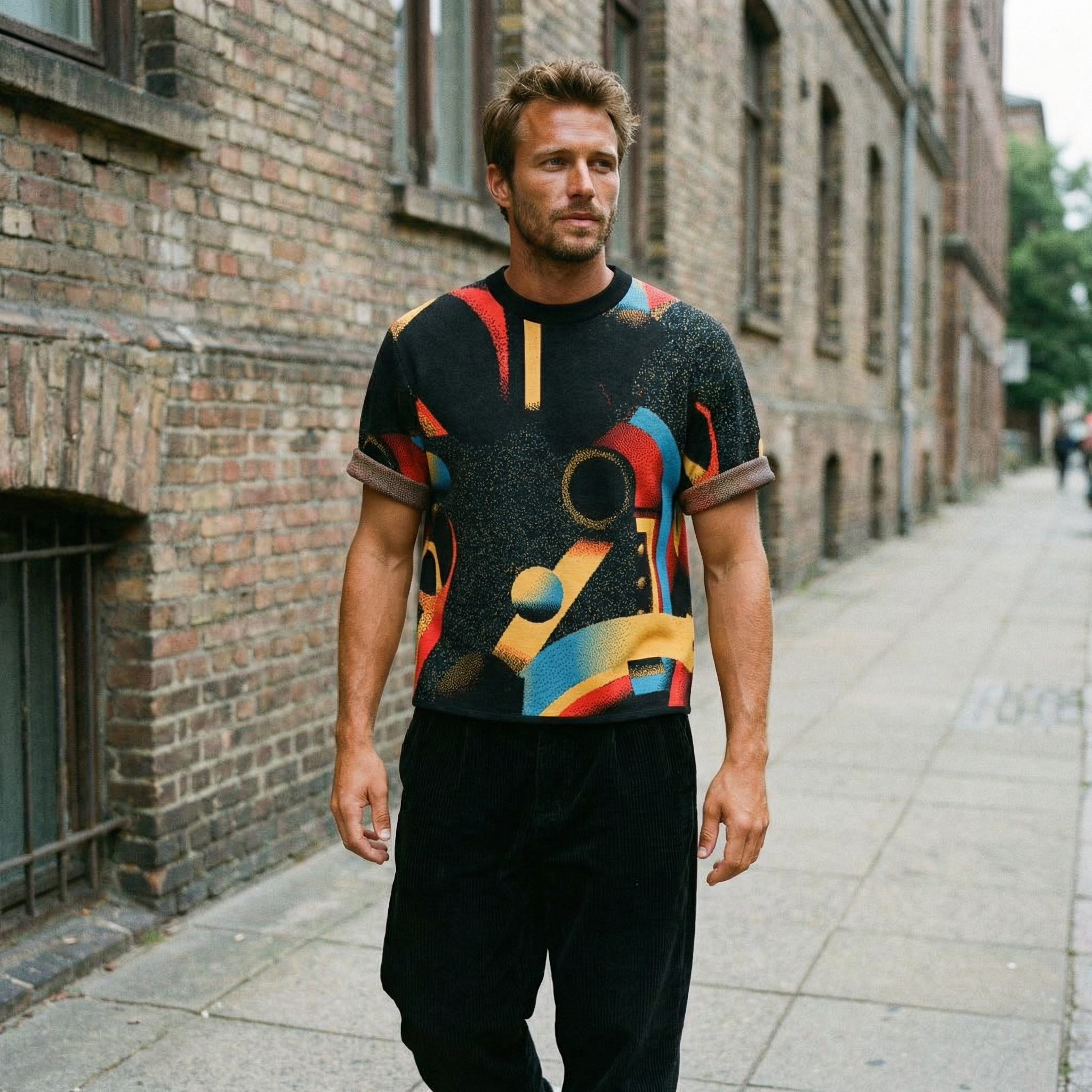 Minoan Abstract Retro-Futurist Jacquard T-Shirt — Ancient Future Geometric Knit Tee - Indie Aesthetic Woven Streetwear