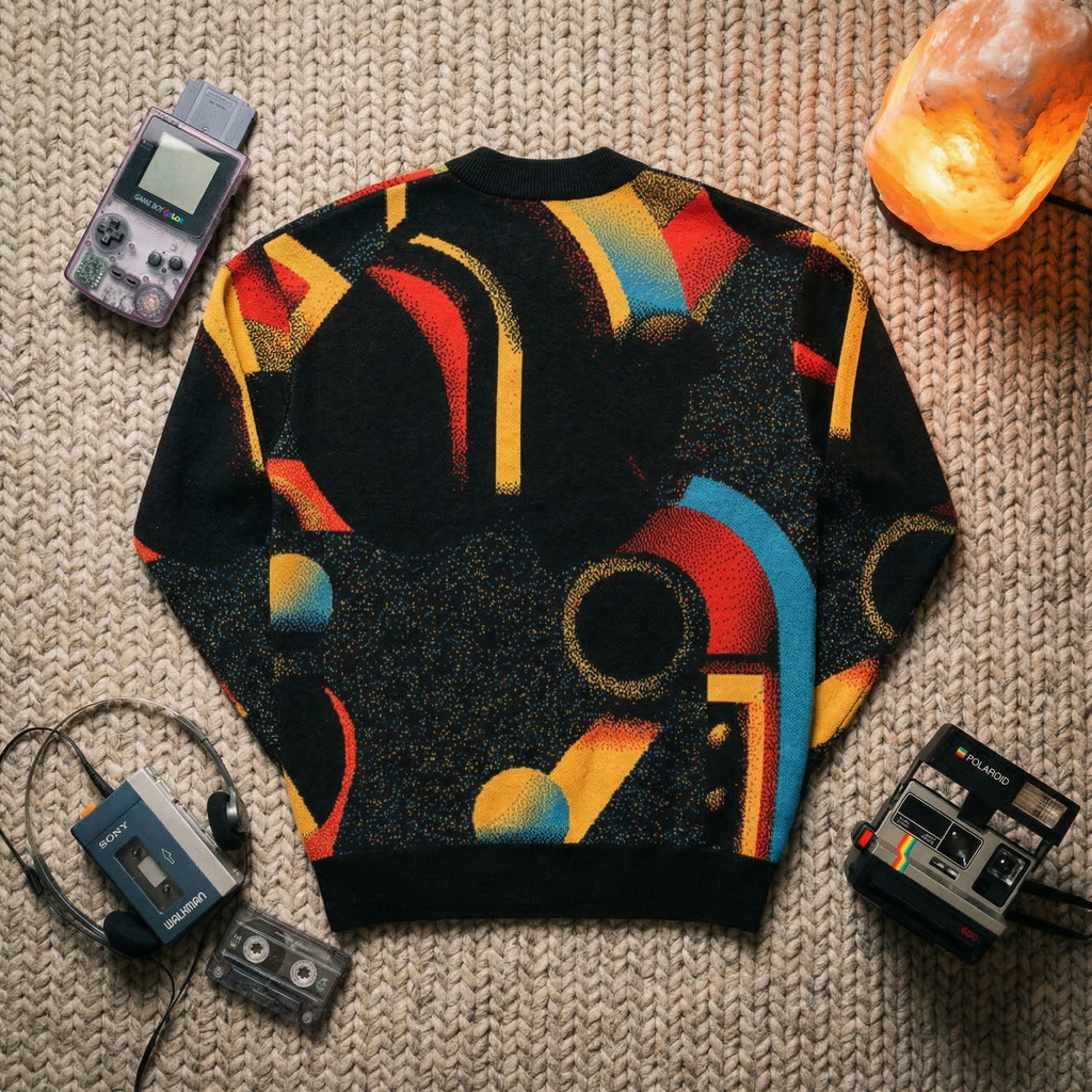 Minoan Abstract Retro-Futurist Jacquard Knit Cardigan — Ancient Future Geometric Knit  - Indie Aesthetic Woven Streetwear