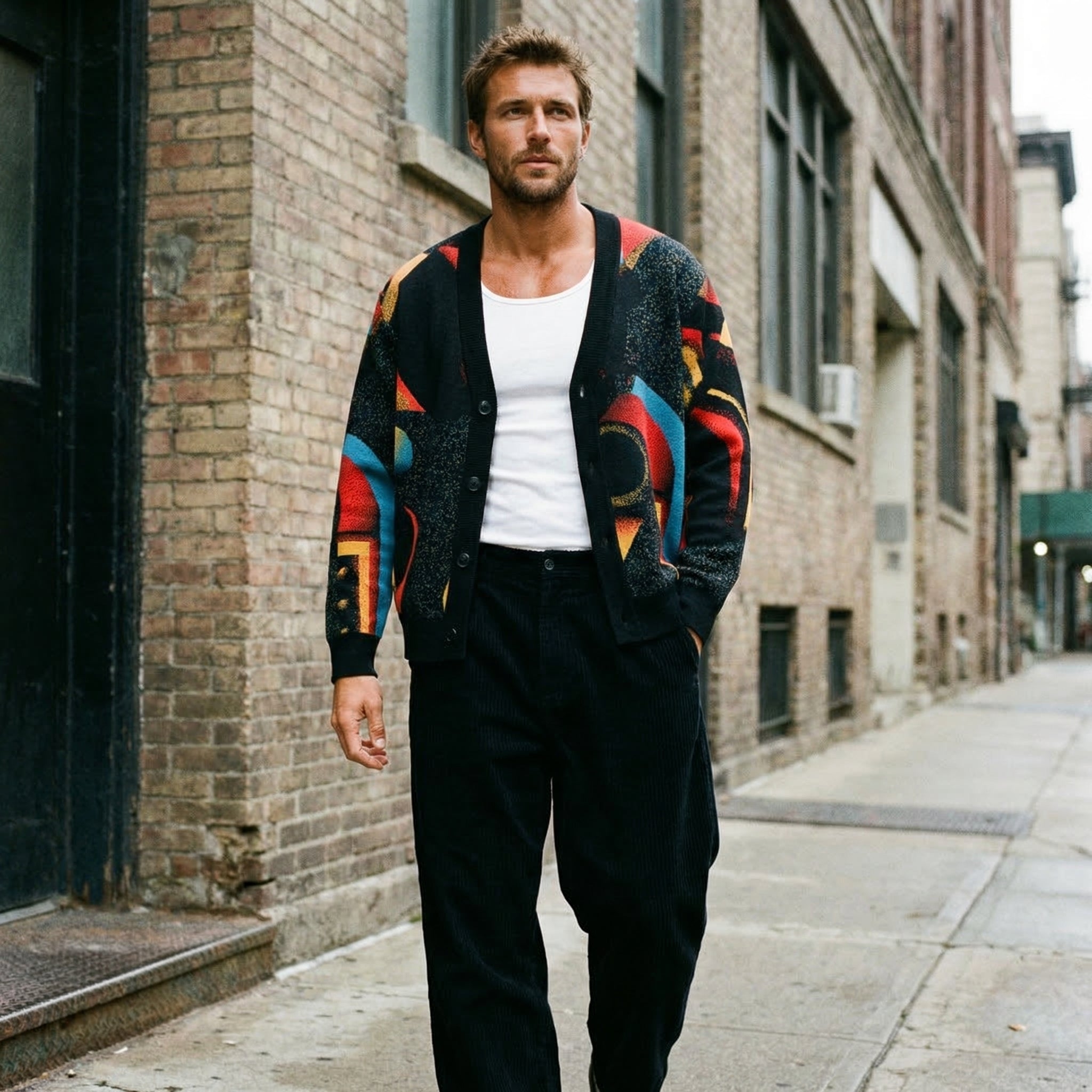Minoan Abstract Retro-Futurist Jacquard Knit Cardigan — Ancient Future Geometric Knit  - Indie Aesthetic Woven Streetwear