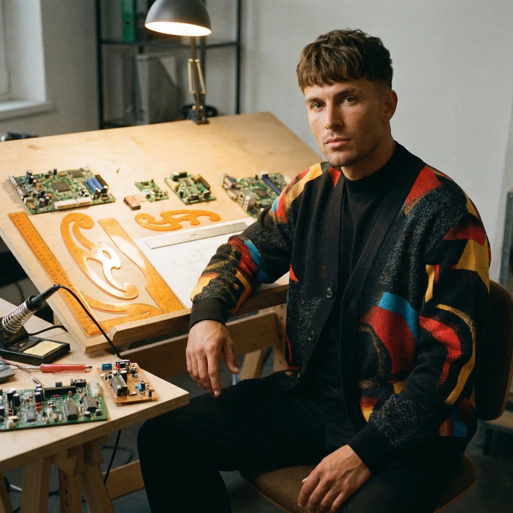 Minoan Abstract Retro-Futurist Jacquard Knit Cardigan — Ancient Future Geometric Knit  - Indie Aesthetic Woven Streetwear