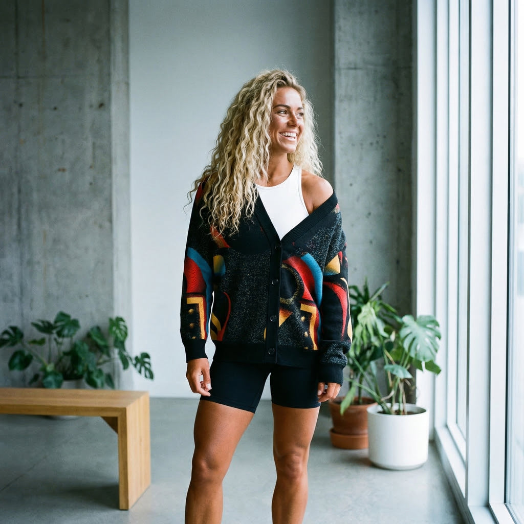 Minoan Abstract Retro-Futurist Jacquard Knit Cardigan — Ancient Future Geometric Knit  - Indie Aesthetic Woven Streetwear
