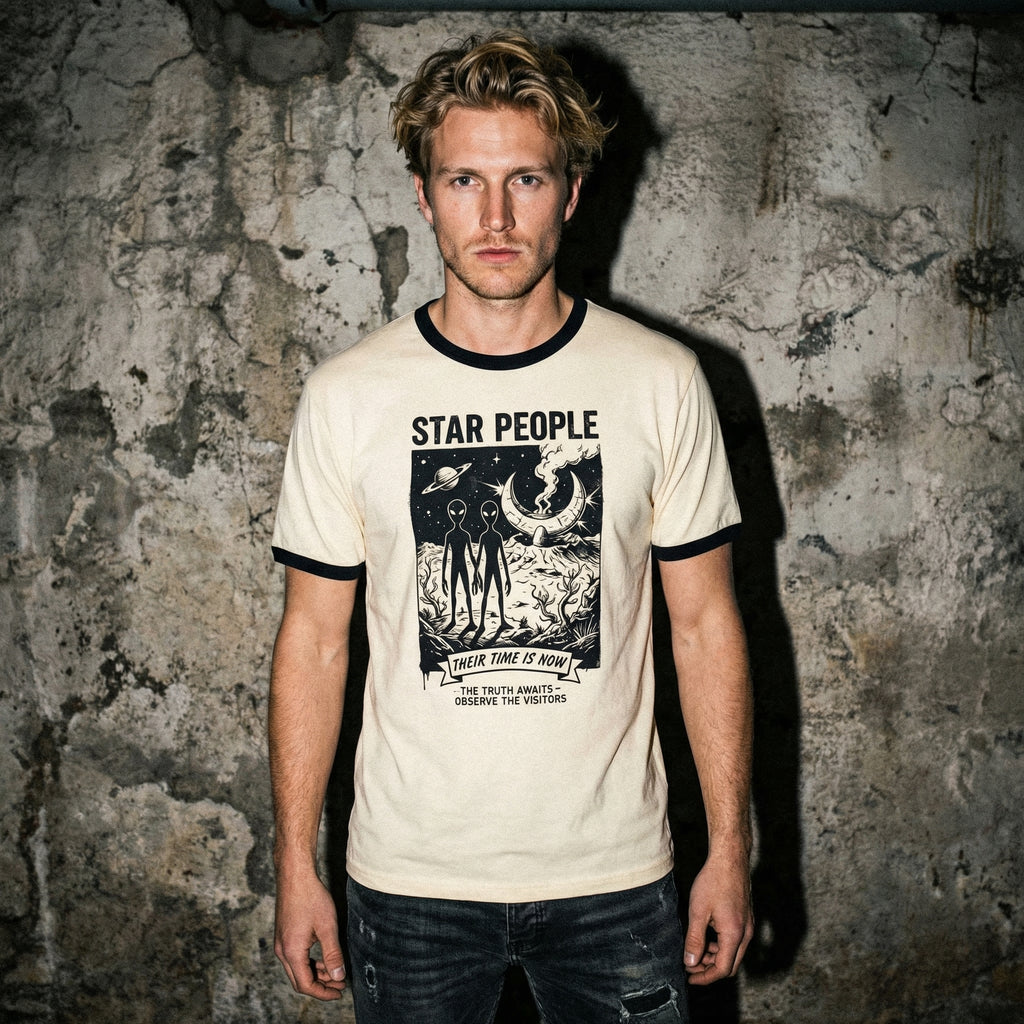 Star People Retro Sci-Fi Ringer T-Shirt - Ancient Celestial Ancestors Vintage Unisex Tee