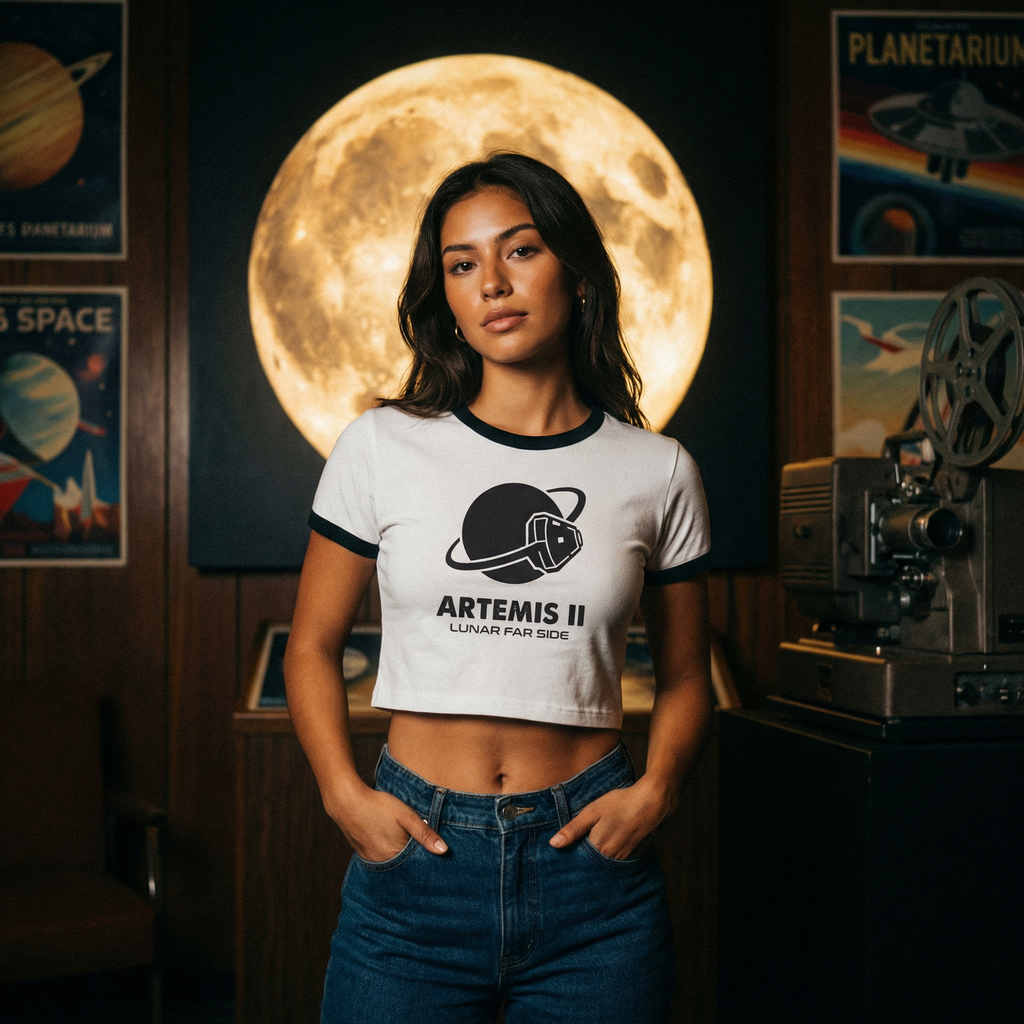 Artemis II Moon Mission Women's Cropped Ringer Tee // Lunar Far Side Trajectory // 2026 NASA Orion Crewed Flight // Retro 70s Style Space Shirt