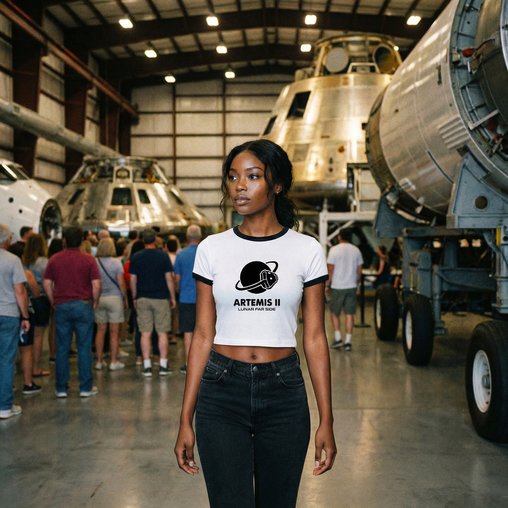 Artemis II Moon Mission Women's Cropped Ringer Tee // Lunar Far Side Trajectory // 2026 NASA Orion Crewed Flight // Retro 70s Style Space Shirt
