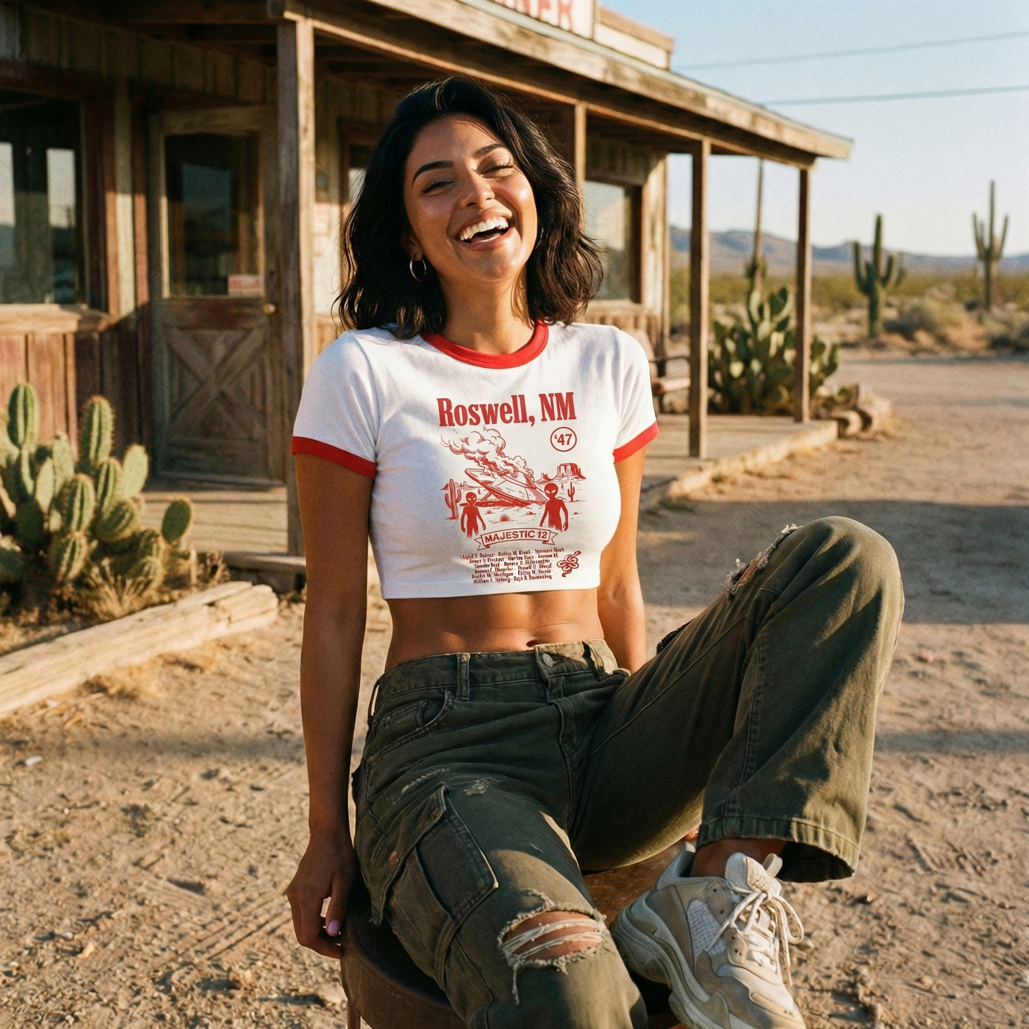 Roswell UFO Retro Flying Saucer Cropped Women's Ringer Tee | Alien Saucer Graphic Tee
