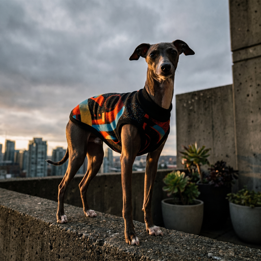 Minoan Abstract Retro-Futurist Jacquard Pet Sweater — Ancient Future Geometric Knitted Pet Sweater