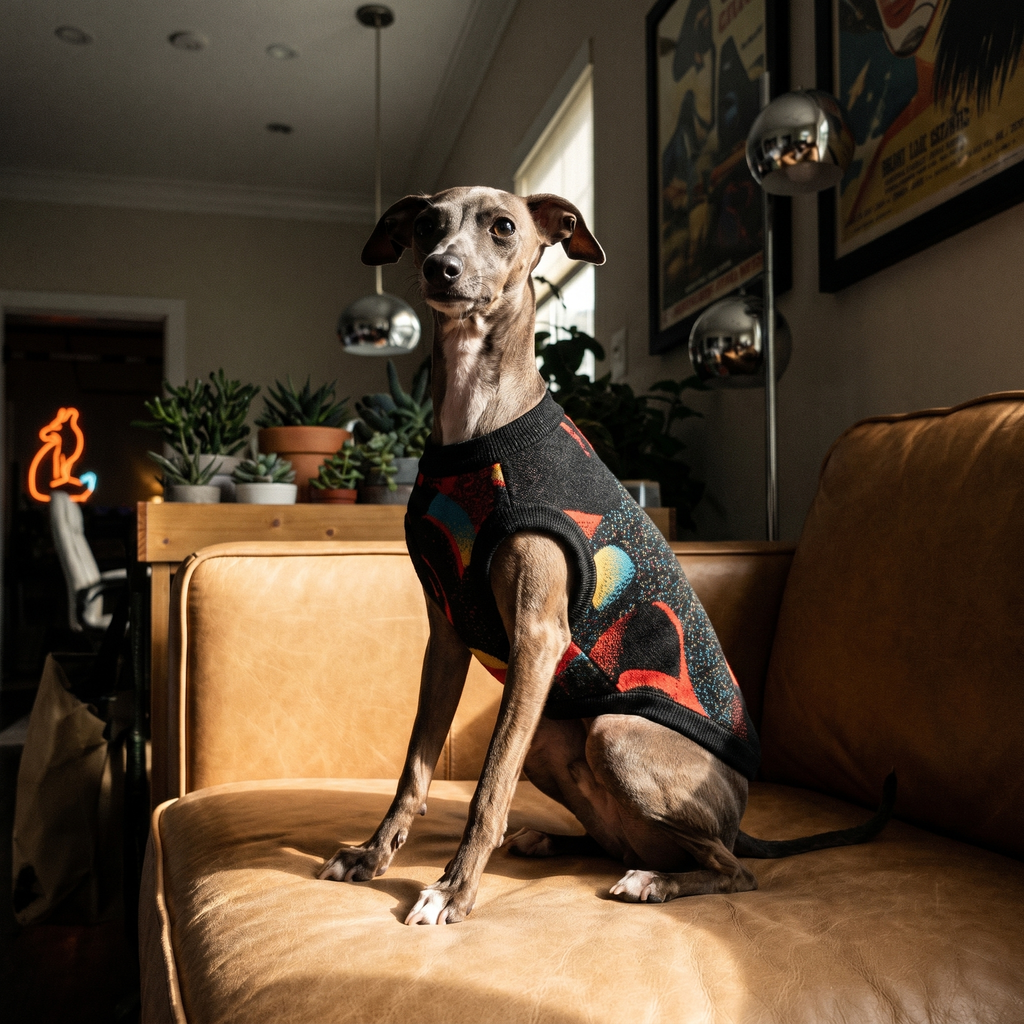 Minoan Abstract Retro-Futurist Jacquard Pet Sweater — Ancient Future Geometric Knitted Pet Sweater