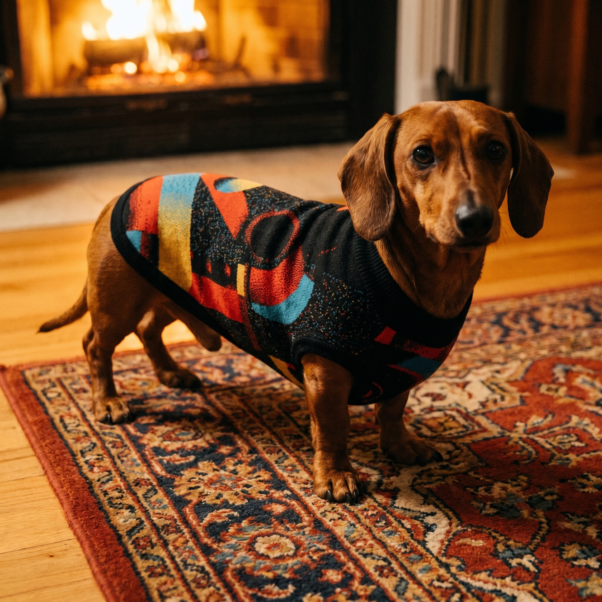 Minoan Abstract Retro-Futurist Jacquard Pet Sweater — Ancient Future Geometric Knitted Pet Sweater