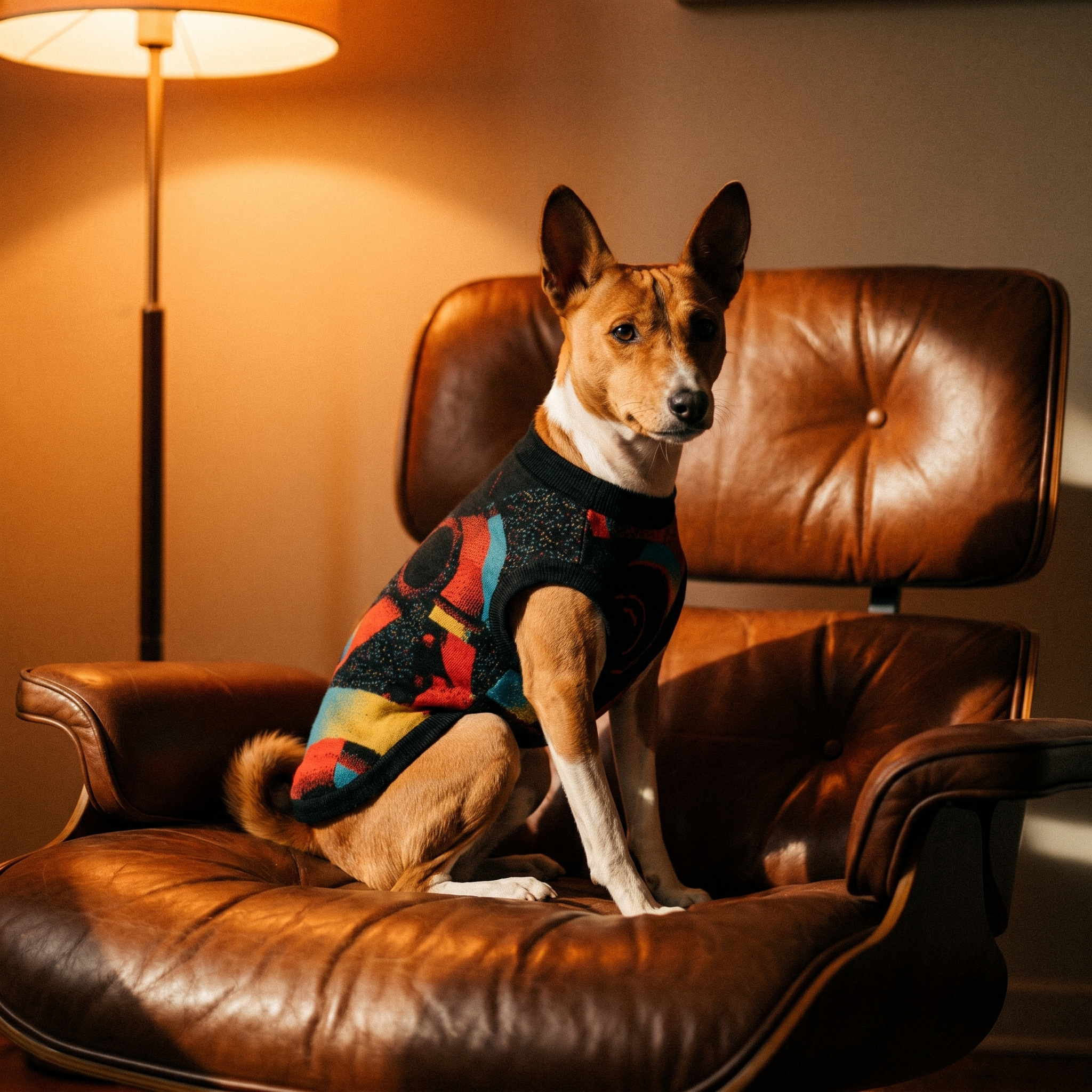Minoan Abstract Retro-Futurist Jacquard Pet Sweater — Ancient Future Geometric Knitted Pet Sweater
