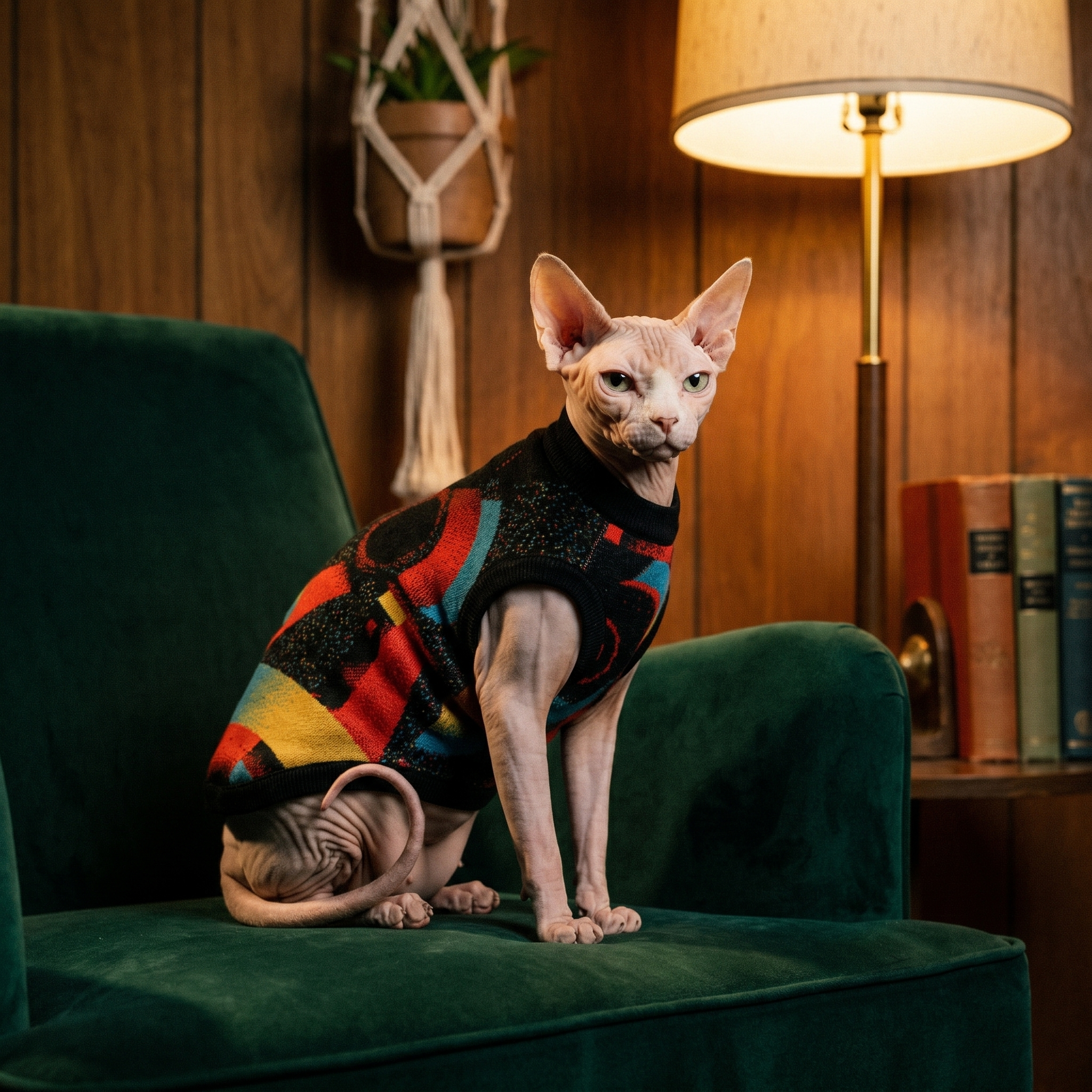 Minoan Abstract Retro-Futurist Jacquard Pet Sweater — Ancient Future Geometric Knitted Pet Sweater