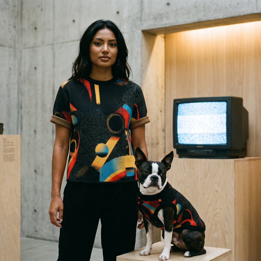Minoan Abstract Retro-Futurist Jacquard Pet Sweater — Ancient Future Geometric Knitted Pet Sweater