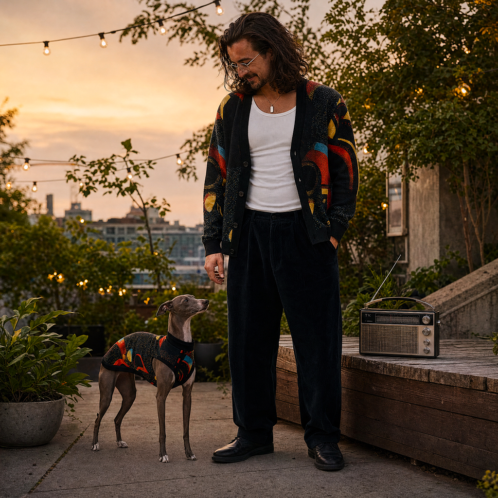 Minoan Abstract Retro-Futurist Jacquard Pet Sweater — Ancient Future Geometric Knitted Pet Sweater