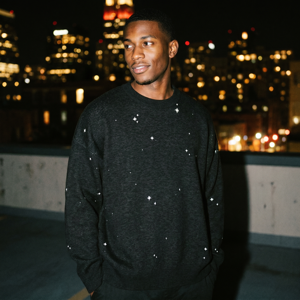 Starry Night Sky Jacquard Knit Sweater | Retro Space Aesthetic Celestial Pullover | Relaxed Fit Unisex Streetwear