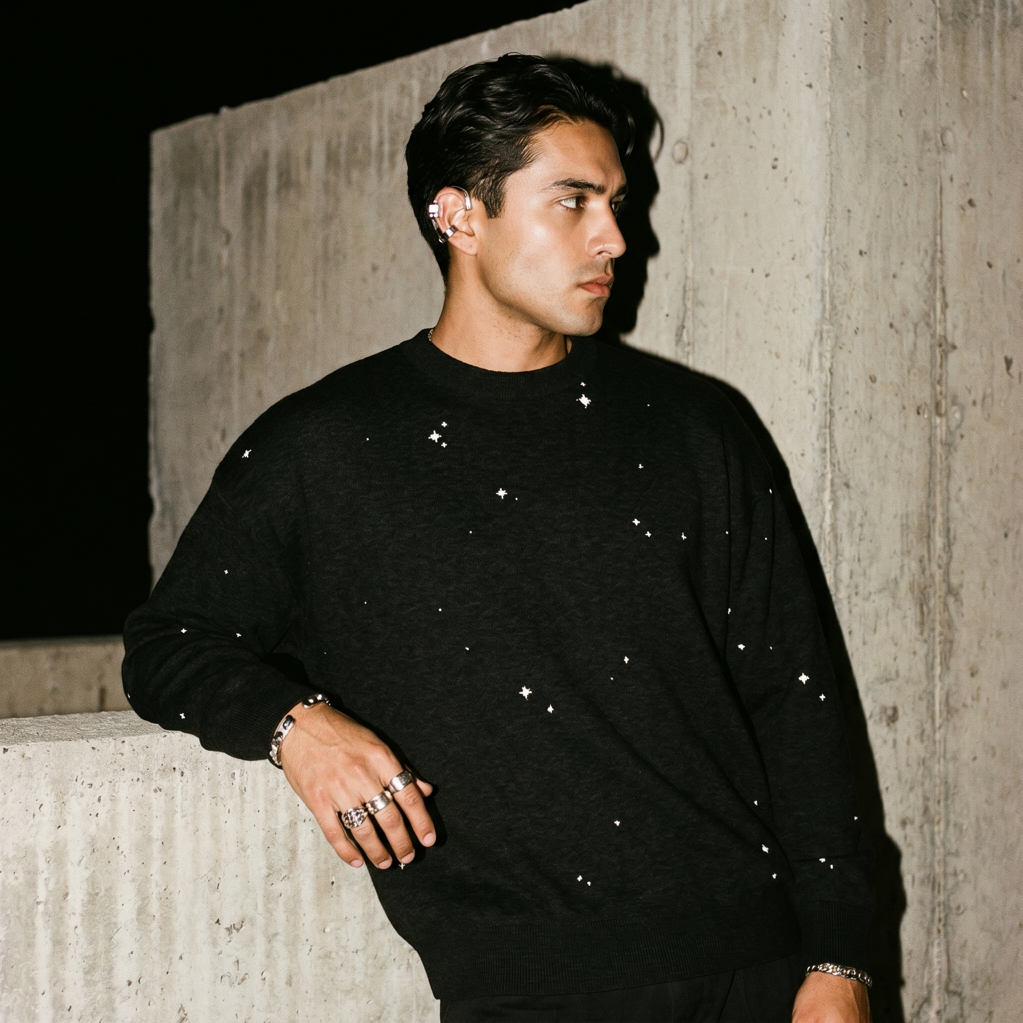 Starry Night Sky Jacquard Knit Sweater | Retro Space Aesthetic Celestial Pullover | Relaxed Fit Unisex Streetwear