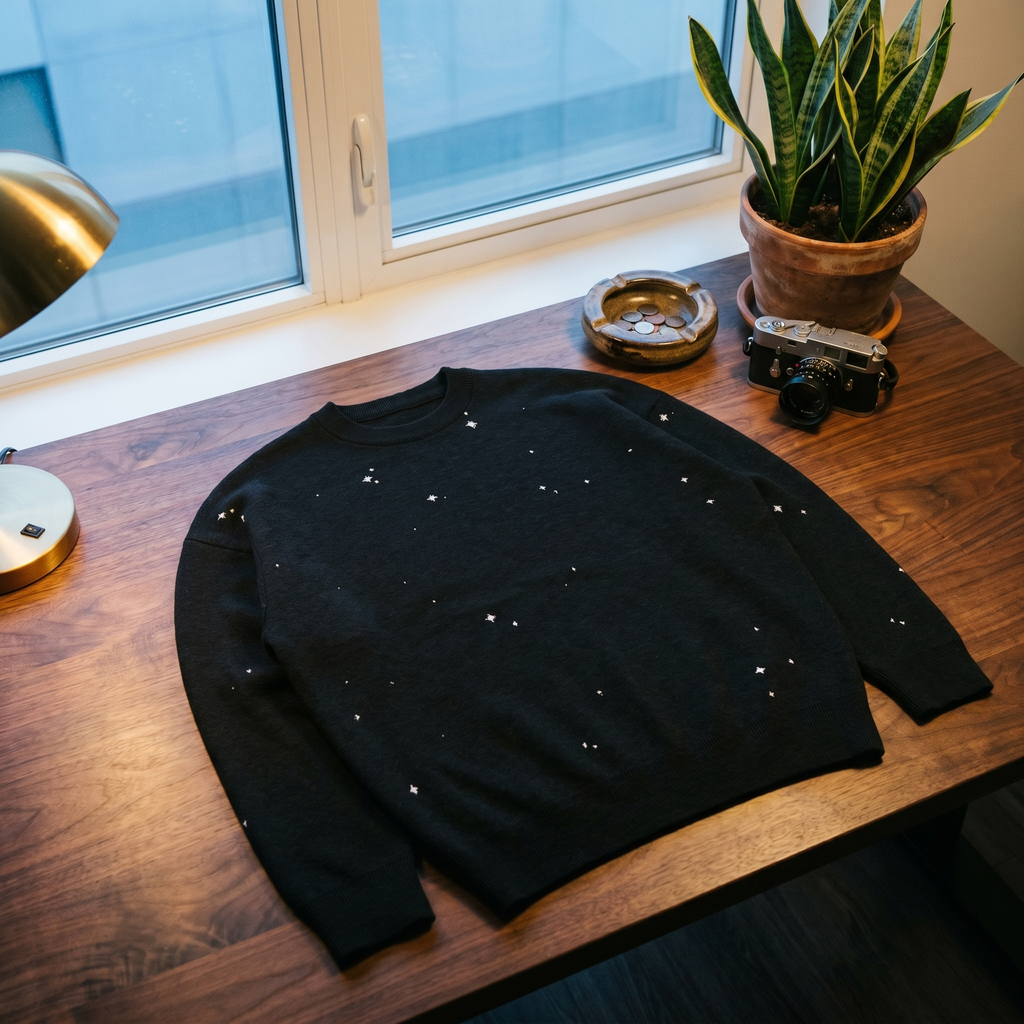 Starry Night Sky Jacquard Knit Sweater | Retro Space Aesthetic Celestial Pullover | Relaxed Fit Unisex Streetwear