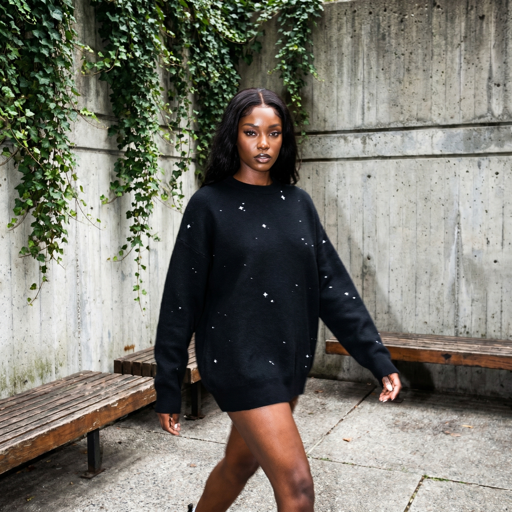 Starry Night Sky Jacquard Knit Sweater | Retro Space Aesthetic Celestial Pullover | Relaxed Fit Unisex Streetwear