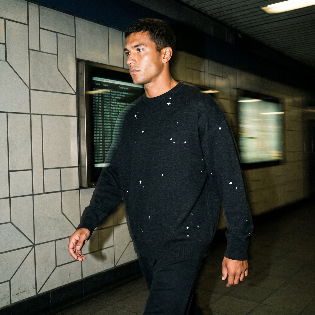 Starry Night Sky Jacquard Knit Sweater | Retro Space Aesthetic Celestial Pullover | Relaxed Fit Unisex Streetwear