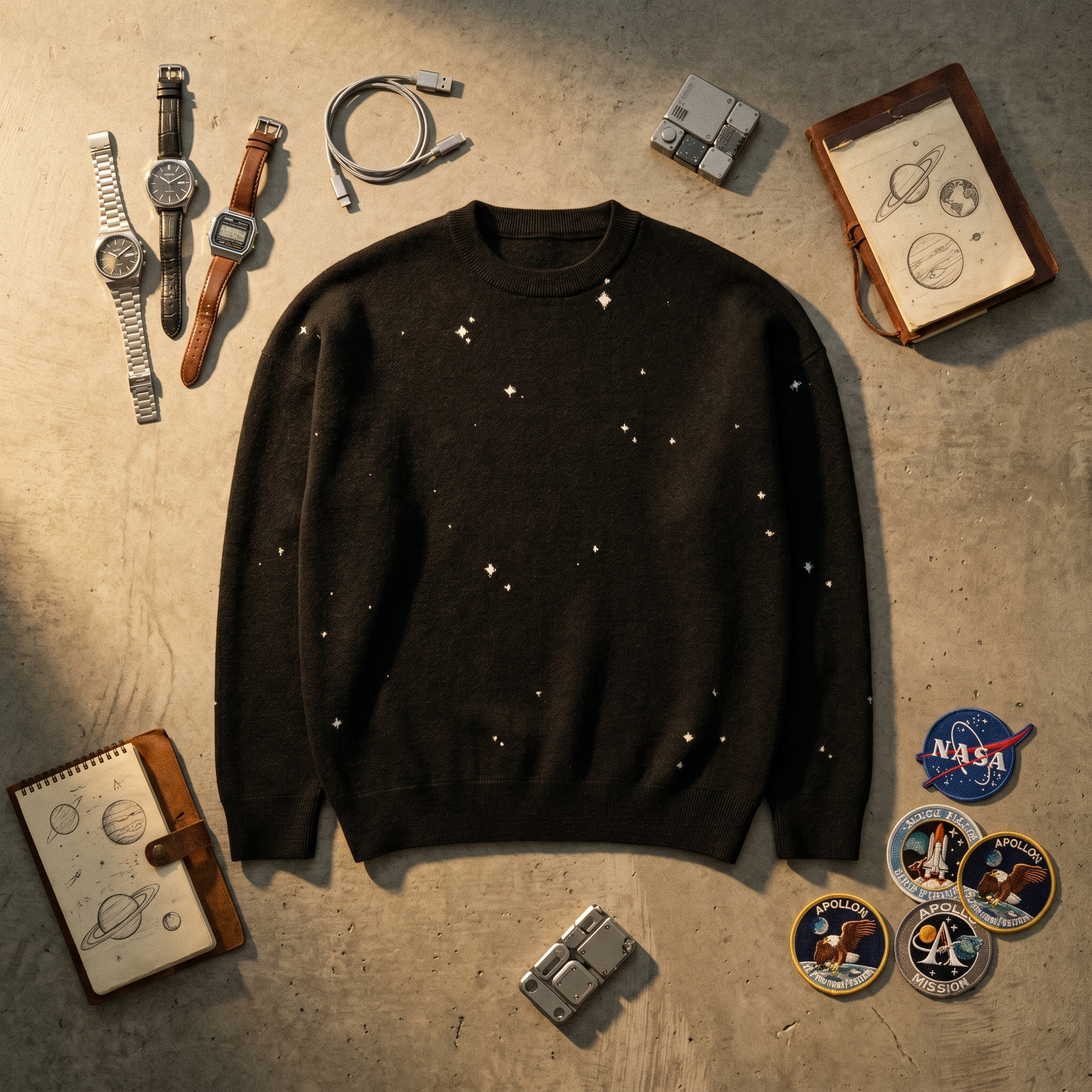 Starry Night Sky Jacquard Knit Sweater | Retro Space Aesthetic Celestial Pullover | Relaxed Fit Unisex Streetwear