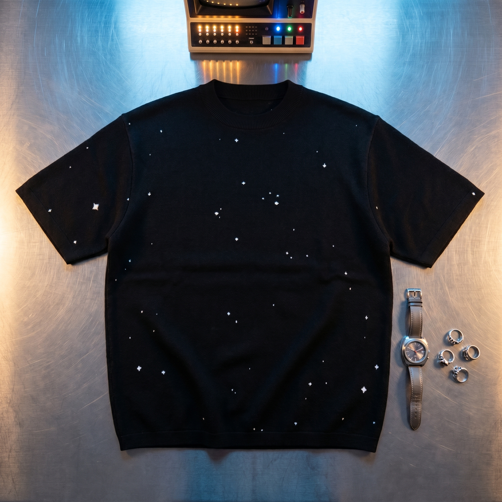 Starry Night Sky Jacquard Knit T-shirt | Retro Space Aesthetic Celestial Tee | Classic Fit Unisex Streetwear