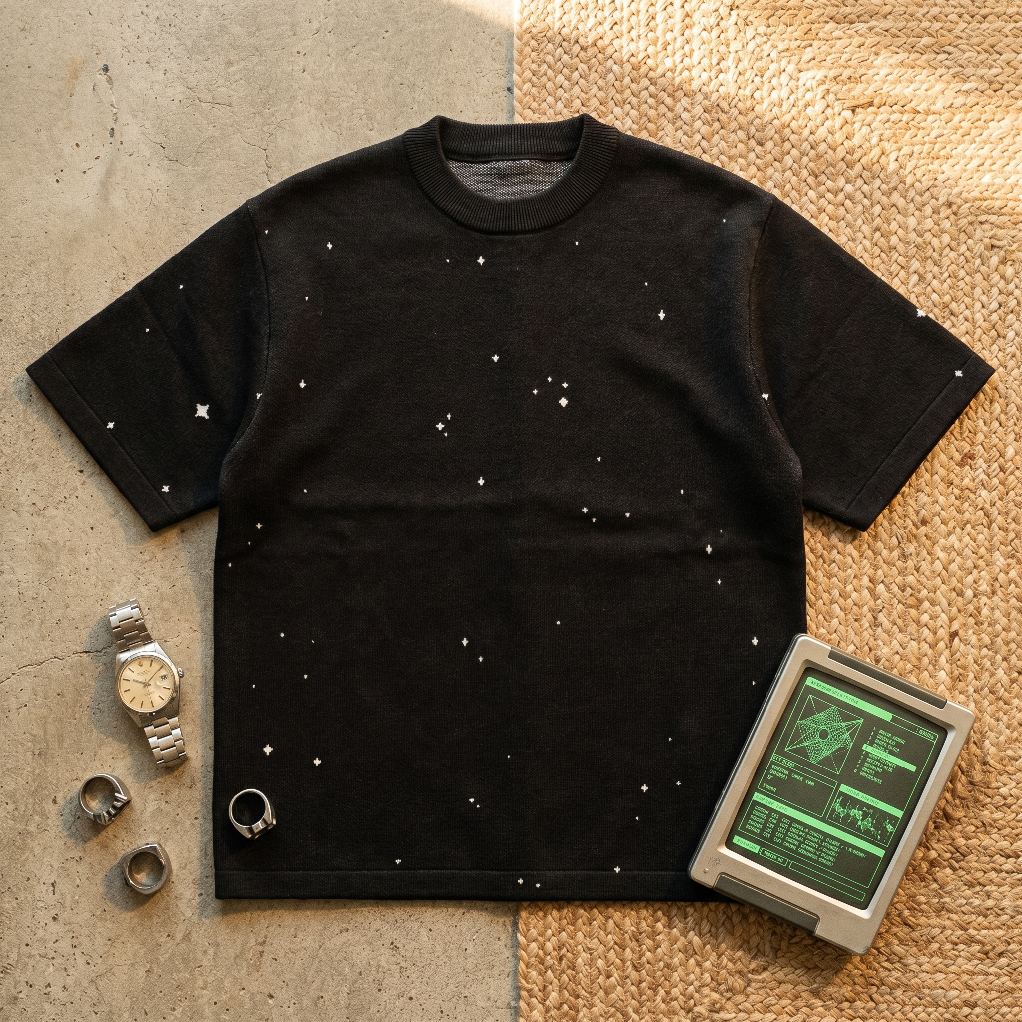Starry Night Sky Jacquard Knit T-shirt | Retro Space Aesthetic Celestial Tee | Classic Fit Unisex Streetwear