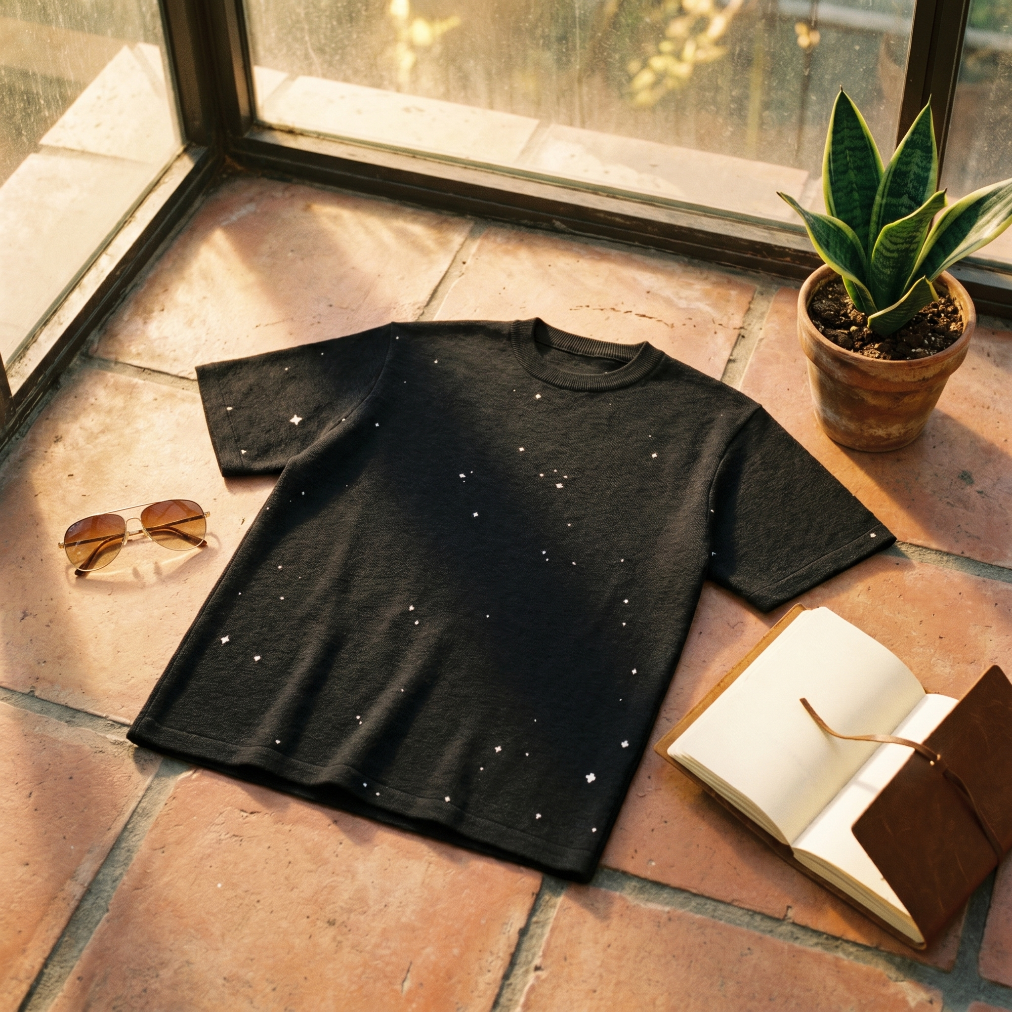 Starry Night Sky Jacquard Knit T-shirt | Retro Space Aesthetic Celestial Tee | Classic Fit Unisex Streetwear