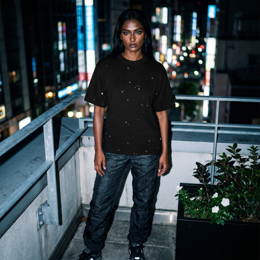 Starry Night Sky Jacquard Knit T-shirt | Retro Space Aesthetic Celestial Tee | Classic Fit Unisex Streetwear