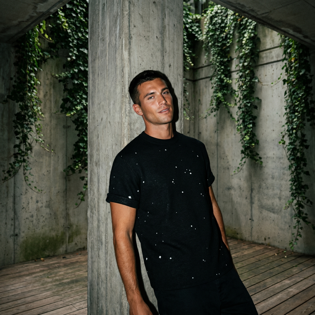 Starry Night Sky Jacquard Knit T-shirt | Retro Space Aesthetic Celestial Tee | Classic Fit Unisex Streetwear
