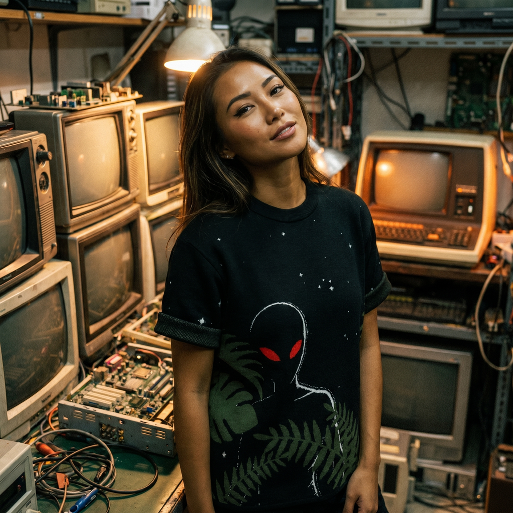 Varginha Alien Jacquard Knit T-Shirt | Retro Sci-Fi Heavyweight Knitted Streetwear | 1996 Brazil UFO Mystery