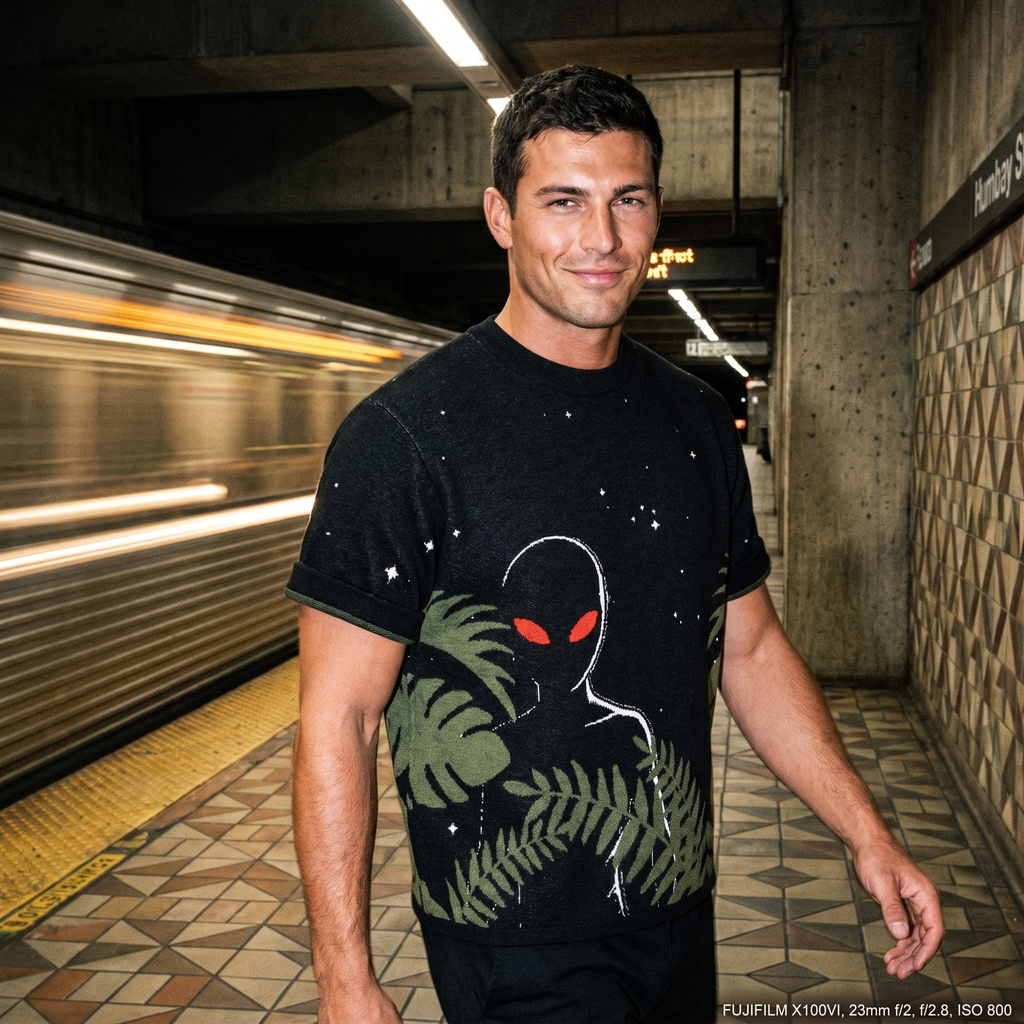 Varginha Alien Jacquard Knit T-Shirt | Retro Sci-Fi Heavyweight Knitted Streetwear | 1996 Brazil UFO Mystery