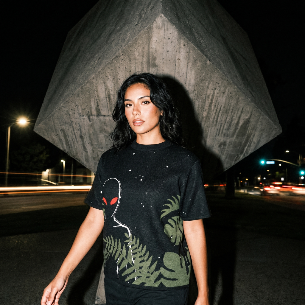 Varginha Alien Jacquard Knit T-Shirt | Retro Sci-Fi Heavyweight Knitted Streetwear | 1996 Brazil UFO Mystery