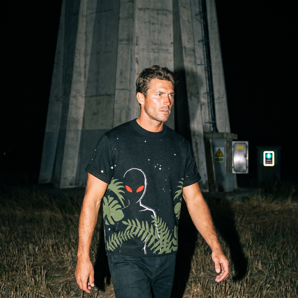 Varginha Alien Jacquard Knit T-Shirt | Retro Sci-Fi Heavyweight Knitted Streetwear | 1996 Brazil UFO Mystery
